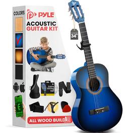 Pyle - Classical Guitar Kit, 34" 1/2 Size All Wood with Capo, Gig Bag, Strings, Strap, Picks, Blue Gloss - PGACMS40BLU - Blue Burst Gloss