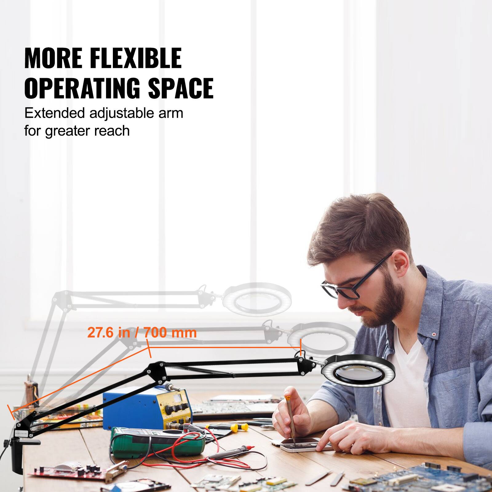 MORE FLEXIBLE OPERATING SPACE  
Extended adjustable arm for greater reach  

27.6 in / 700 mm