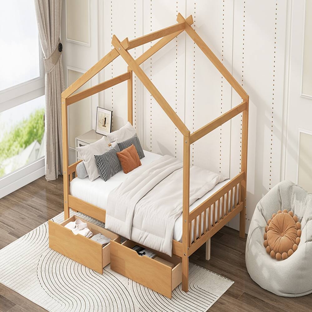 Back. Loheer - Loheer Full Size House Bed with Drawers, Natural Pine Wood Platform Frame - Natural.