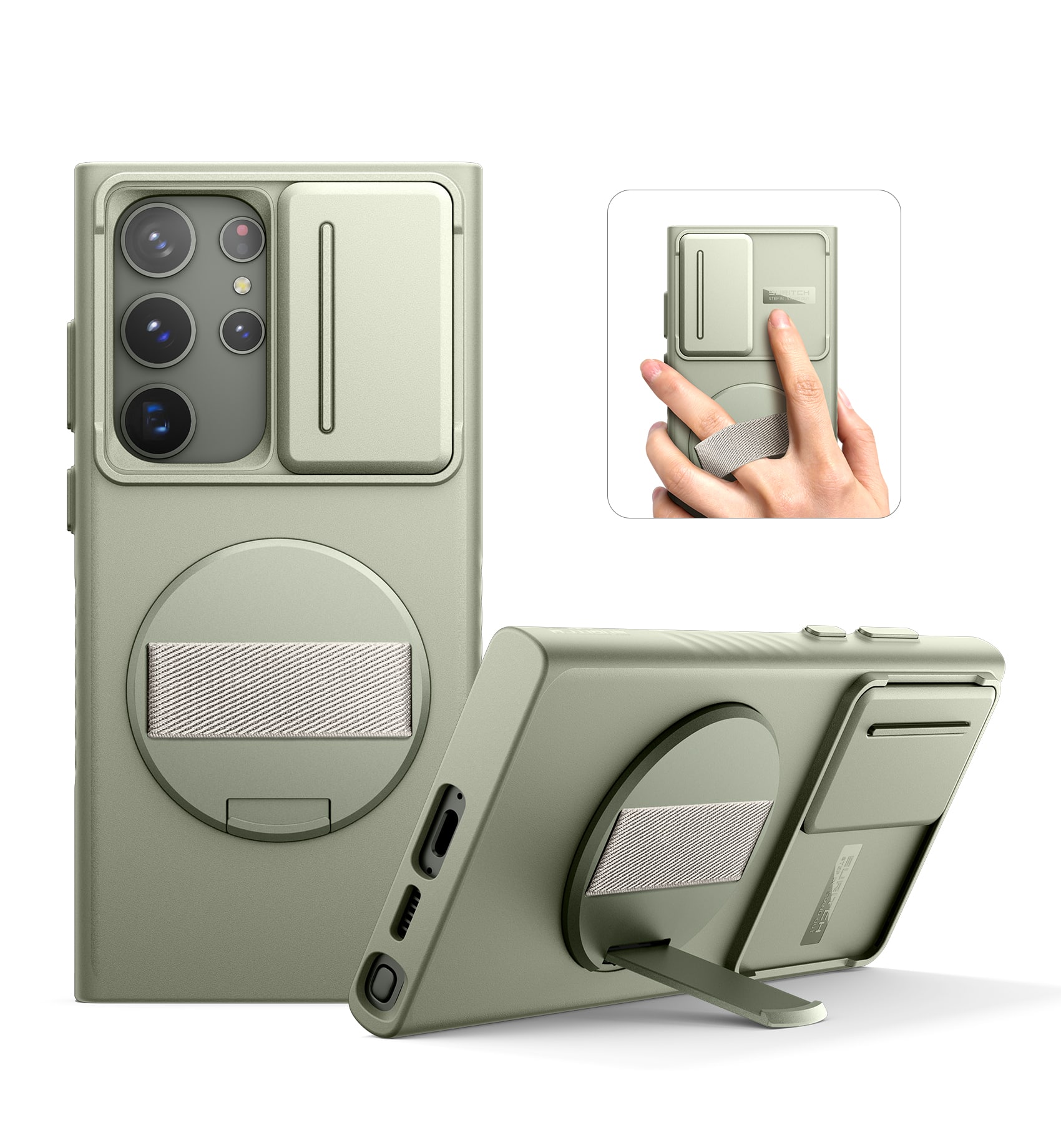 SURITCH - Case for Samsung Galaxy S23 Ultra with 360° Rotatable Hand Strap, Invisible Kickstand, Camera Cover, Rugged Shockproof - Khaki Green