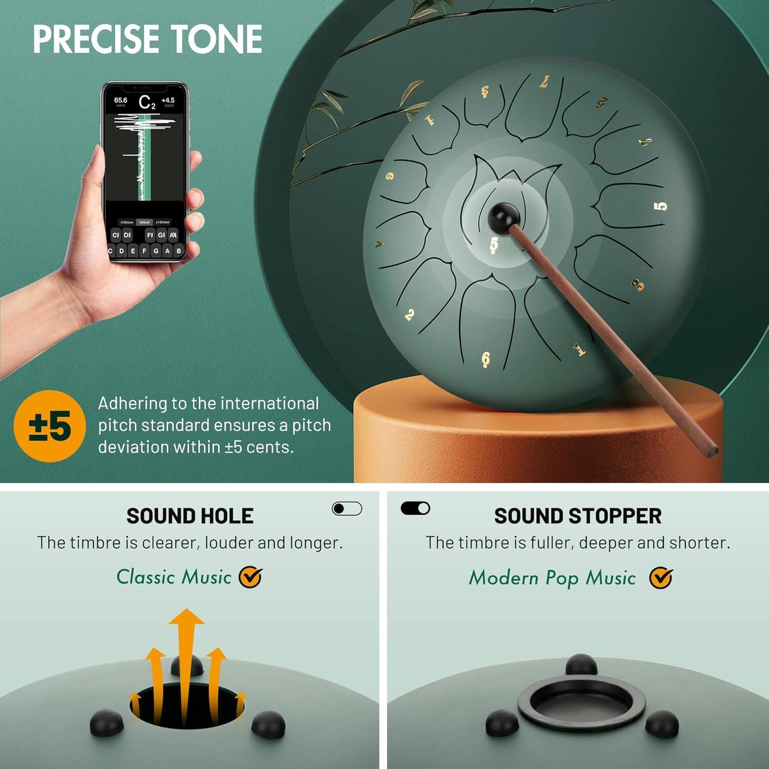 PRECISE TONE

Adhering to the international pitch standard ensures a pitch deviation within ±5 cents.

SOUND HOLE
The timbre is clearer, louder and longer.
Classic Music

SOUND STOPPER
The timbre is fuller, deeper and shorter.
Modern Pop Music