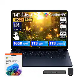 HP - Upgraded - OmniBook X Flip 2-in-1 14" Touch Laptop,Ultra 5 322,16GB RAM,1TB SSD+1TB Dock,Backlit,Win 11 Pro - Atmospheric Blue