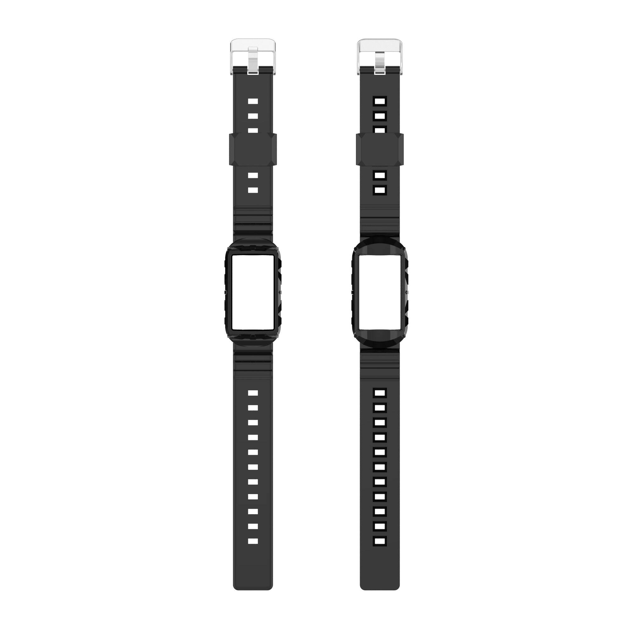 Left. StrapsCo - Rugged Rubber Case Strap Silicone Watch Band For Fitbit Charge 6 - Black.