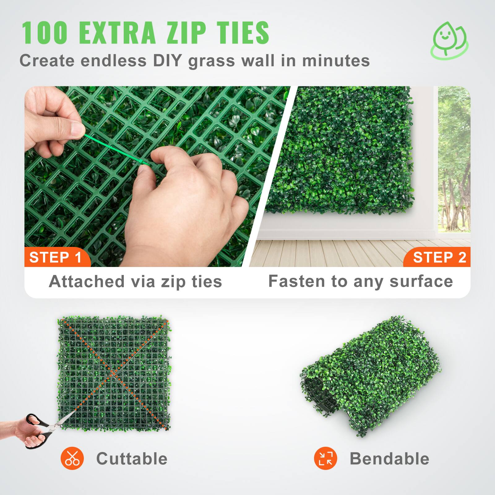 100 EXTRA ZIP TIES, Create endless DIY grass wall in minutes, STEP 1 Attached via zip ties, STEP 2 Fasten to any surface, Cuttable, Bendable