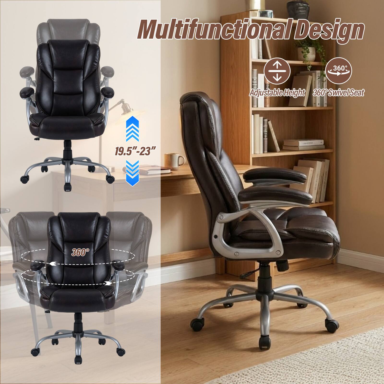 Multifunctional Design

360° Adjustable Height 360° Swivel Seat

19.5"-23"