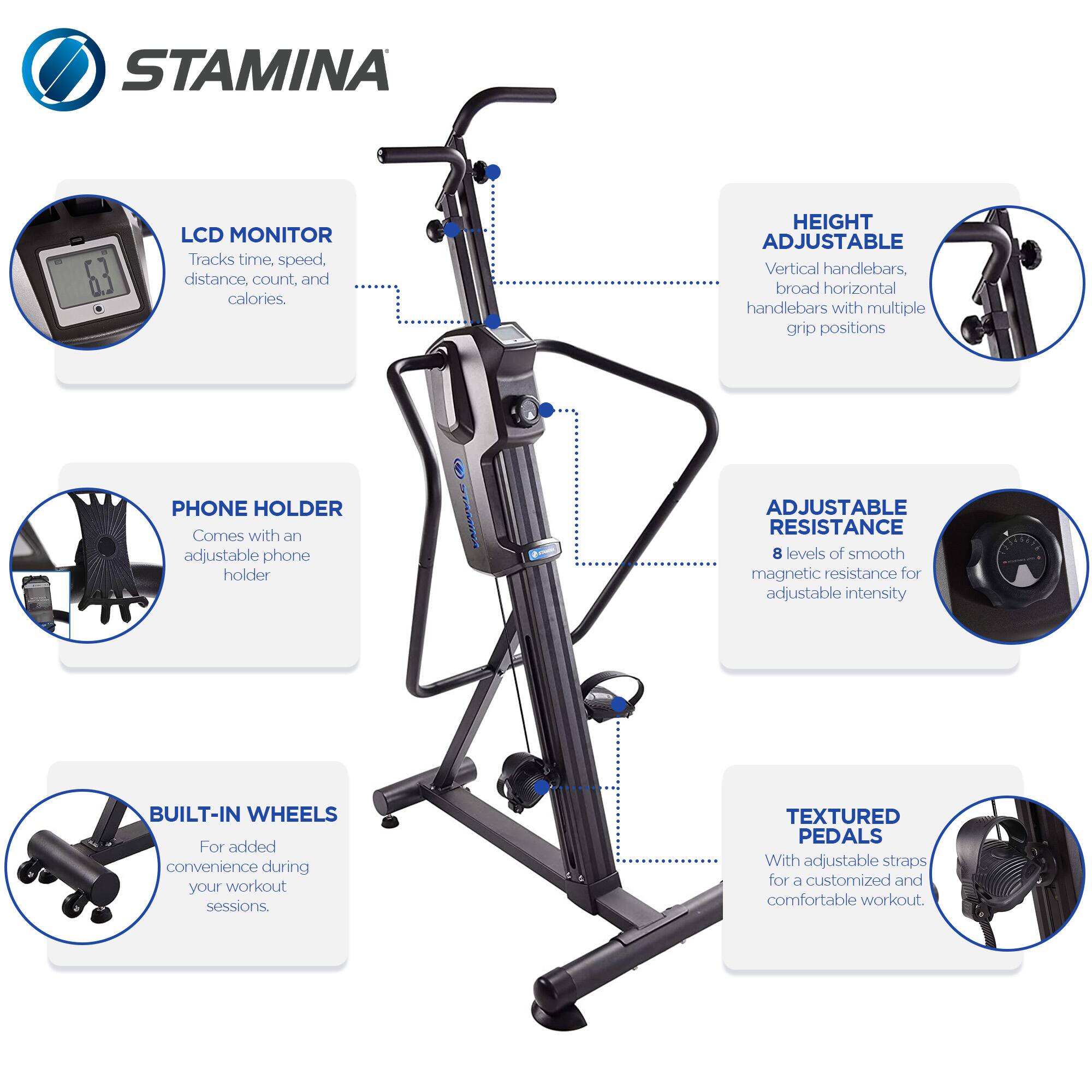 - **LCD Monitor**: Tracks time, speed, distance, count, and calories.
- **Phone Holder**: Comes with an adjustable phone holder.
- **Built-in Wheels**: For added convenience during your workout sessions.
- **Height Adjustable**: Vertical handlebars, broad horizontal handlebars with multiple grip positions.
- **Adjustable Resistance**: 8 levels of smooth magnetic resistance for adjustable intensity.
- **Textured Pedals**: With adjustable straps for a customized and comfortable workout.