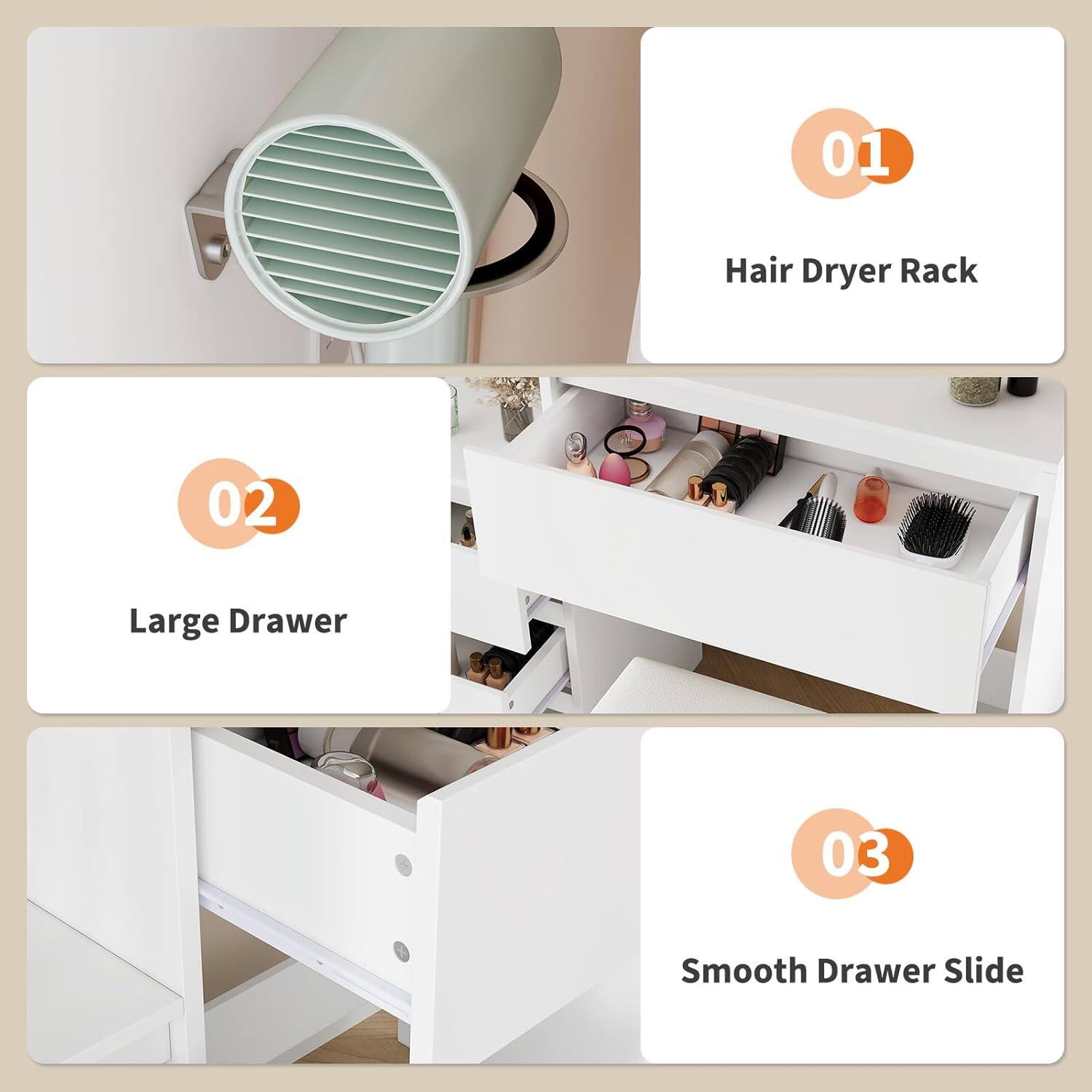 01 Hair Dryer Rack  
02 Large Drawer  
03 Smooth Drawer Slide