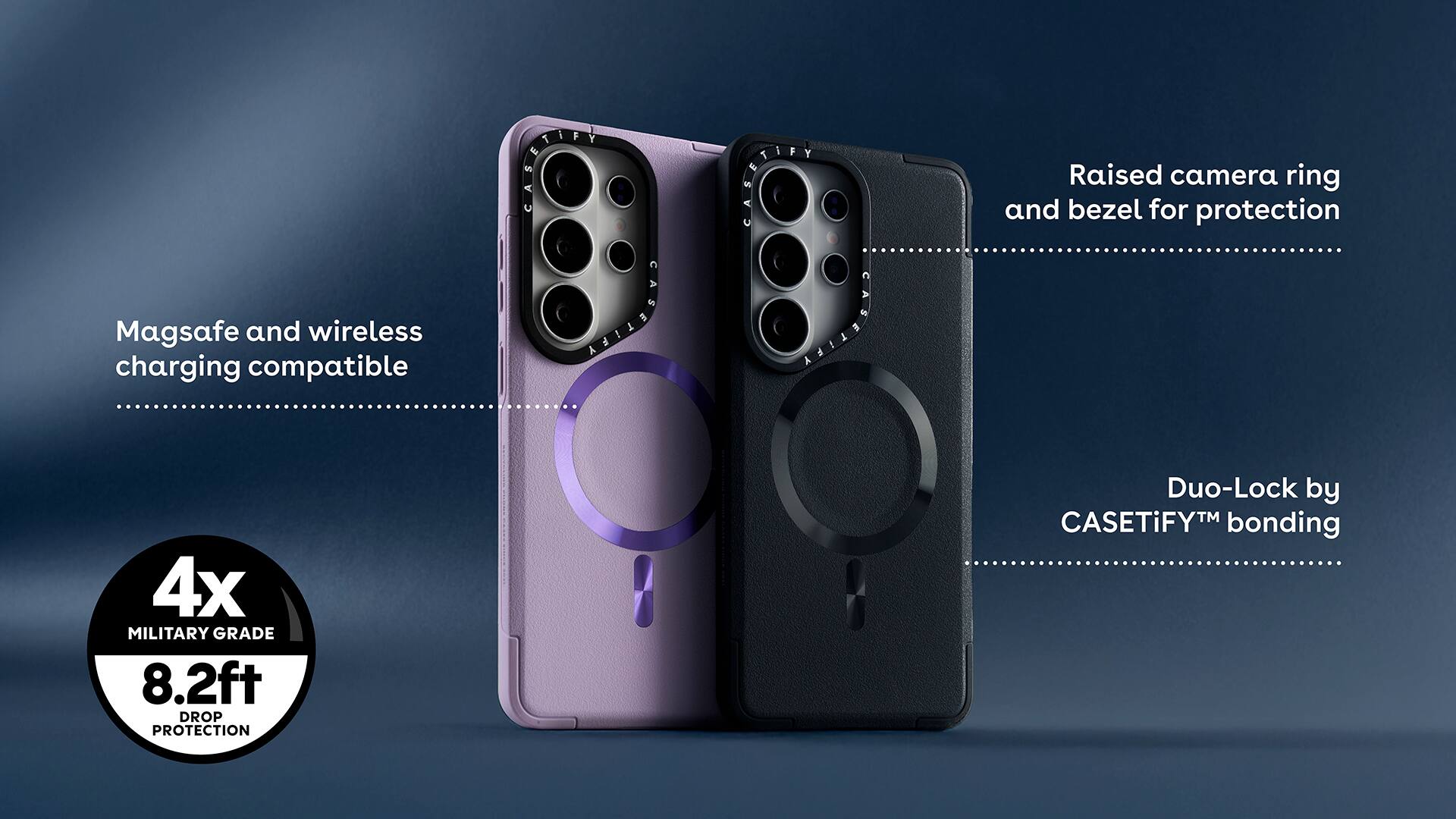 Magsafe and wireless charging compatible  
Raised camera ring and bezel for protection  
4x MILITARY GRADE 8.2ft DROP PROTECTION  
Duo-Lock by CASETiFY™ bonding