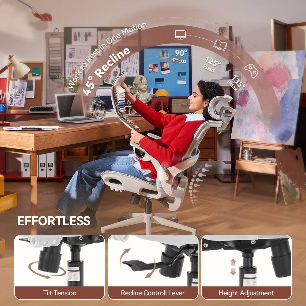 Work to Rest in One Motion  
45° Recline  

90° Focus  
125° Read  
135° Relax  

EFFORTLESS  
Tilt Tension  
Recline Control Lever  
Height Adjustment