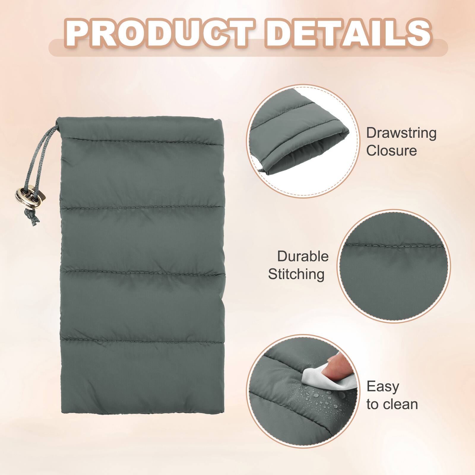 PRODUCT DETAILS

- Drawstring Closure
- Durable Stitching
- Easy to clean