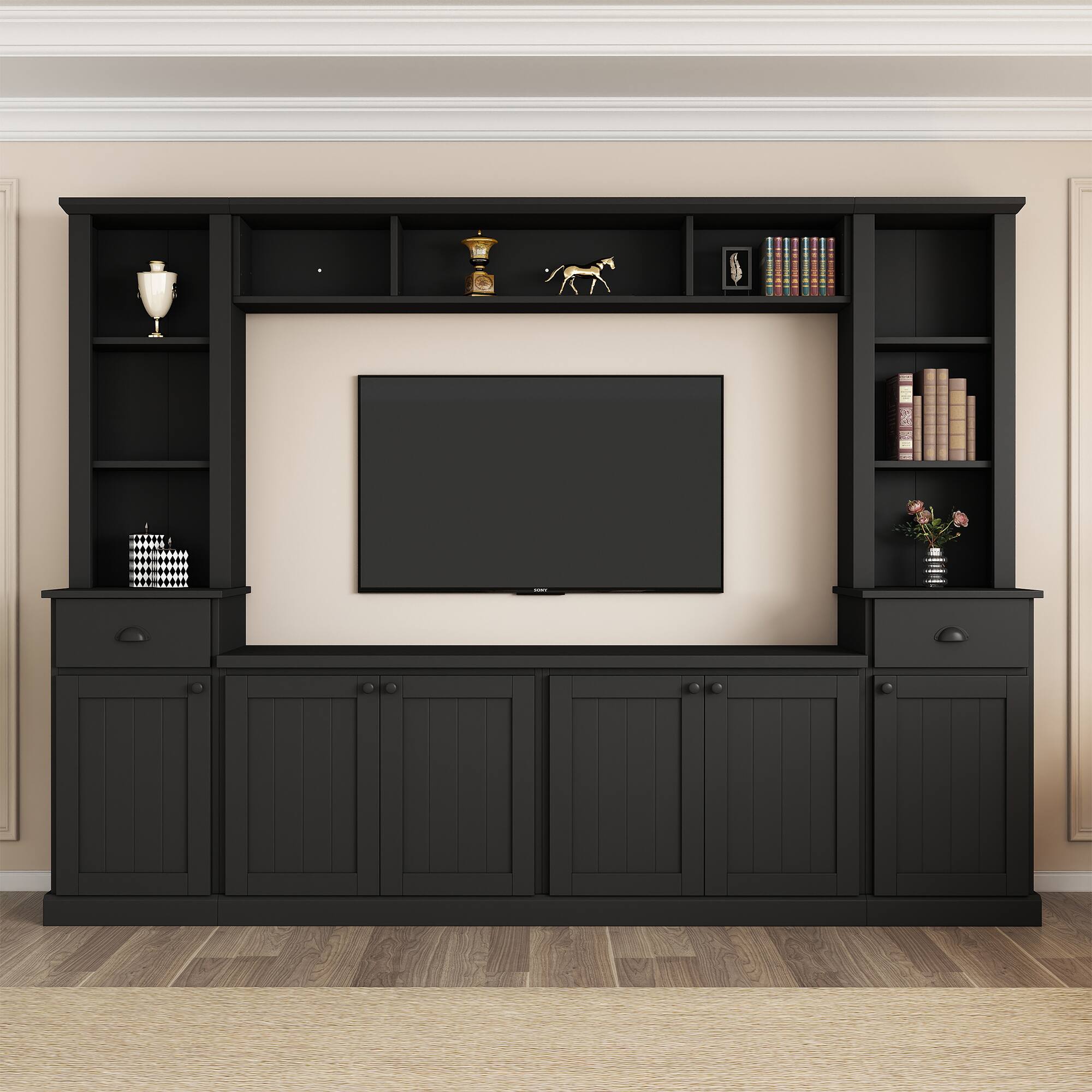 Angle. APRILSOUL - Minimalist Entertainment Wall Unit Set for TVs Up to 75in Ample Storage Space TV Stand with Adjustable Shelves Black - Black.