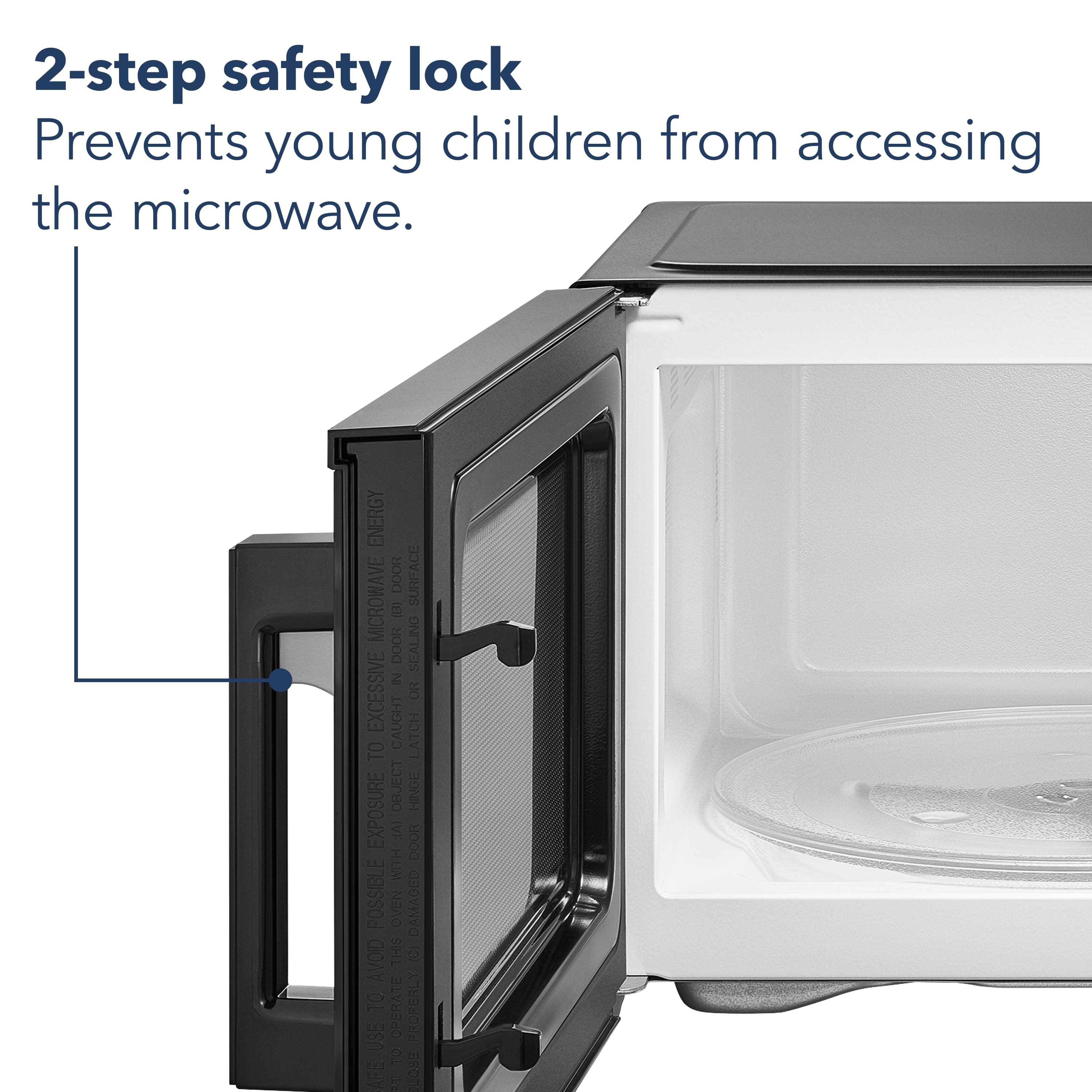 The text on the image is already grouped and correctly written. It reads: "2-step safety lock Prevents young children from accessing the microwave. ENERGY DOOR SURFACE MICROWAVE B DOOR SEALING IN EXCESSIVE OR CAUGHT LATCH TO OBJECT HINGE EXPOSURE (A DDOR MITH POSSIBLE OVEN DAMAGED AVOID THS a TO OPERATE PROPERLY USE TO AFE E o8."