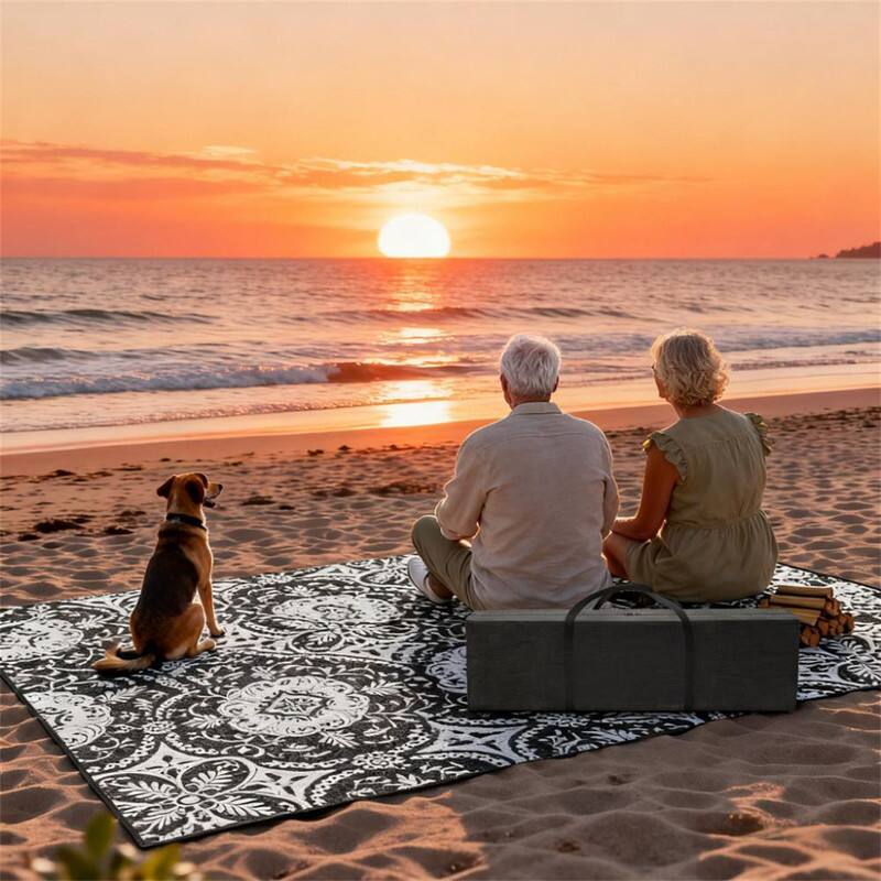 Angle. HTUTWOO - 9' x 18' Portable Outdoor Camping Carpet Mat - Reversible Plastic Straw Rug,Waterproof Large Mat,Foldable with Carry Bag - Grey White.