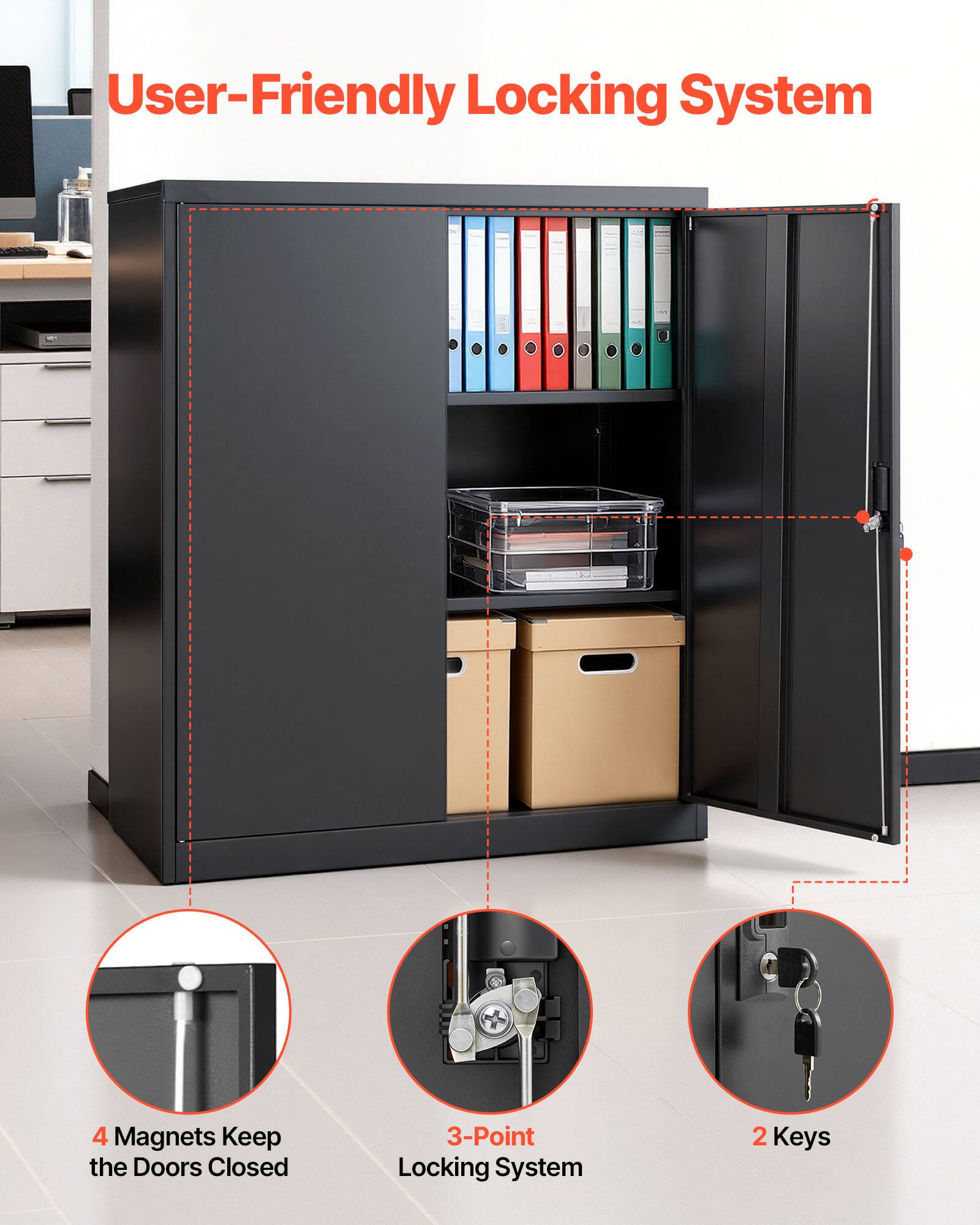 User-Friendly Locking System

4 Magnets Keep the Doors Closed

3-Point Locking System

2 Keys