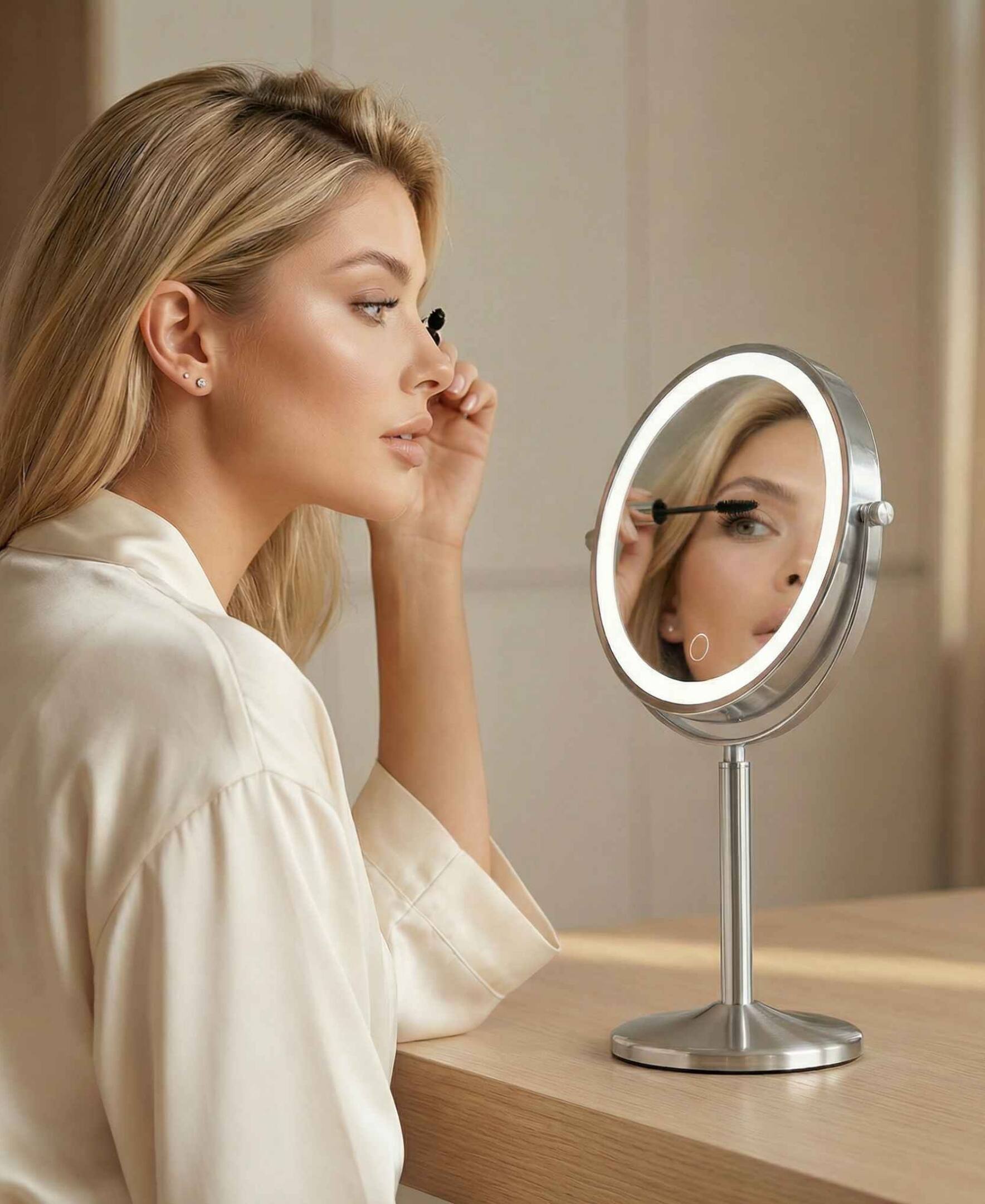 Angle. fancii - Hailey Double Sided Makeup Mirror with Lights - Satin Nickel.