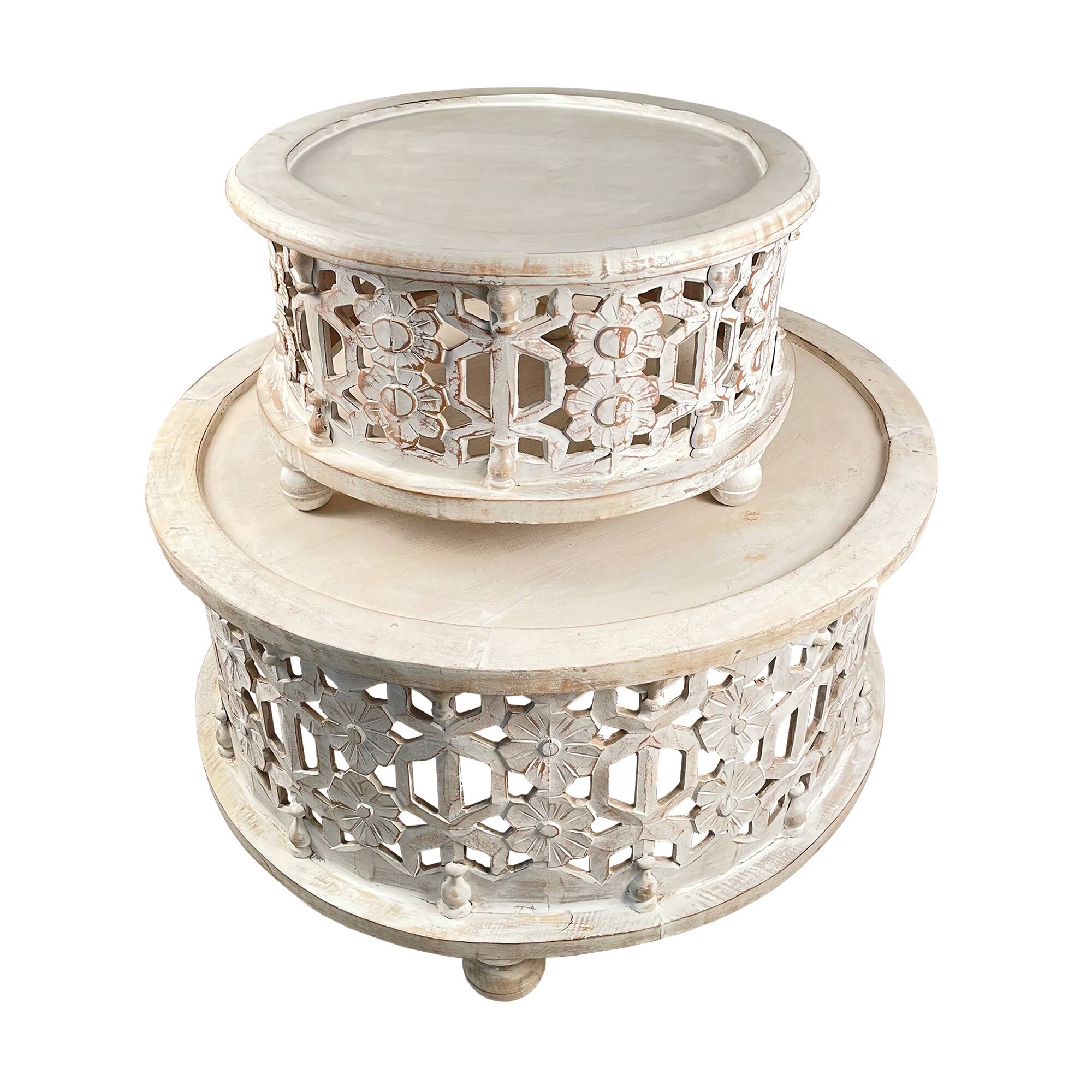 Alt View 1. Manhattan Lane - 30 Inch Round 2 Piece Wood Coffee Table Set, Carved Floral Design - White.