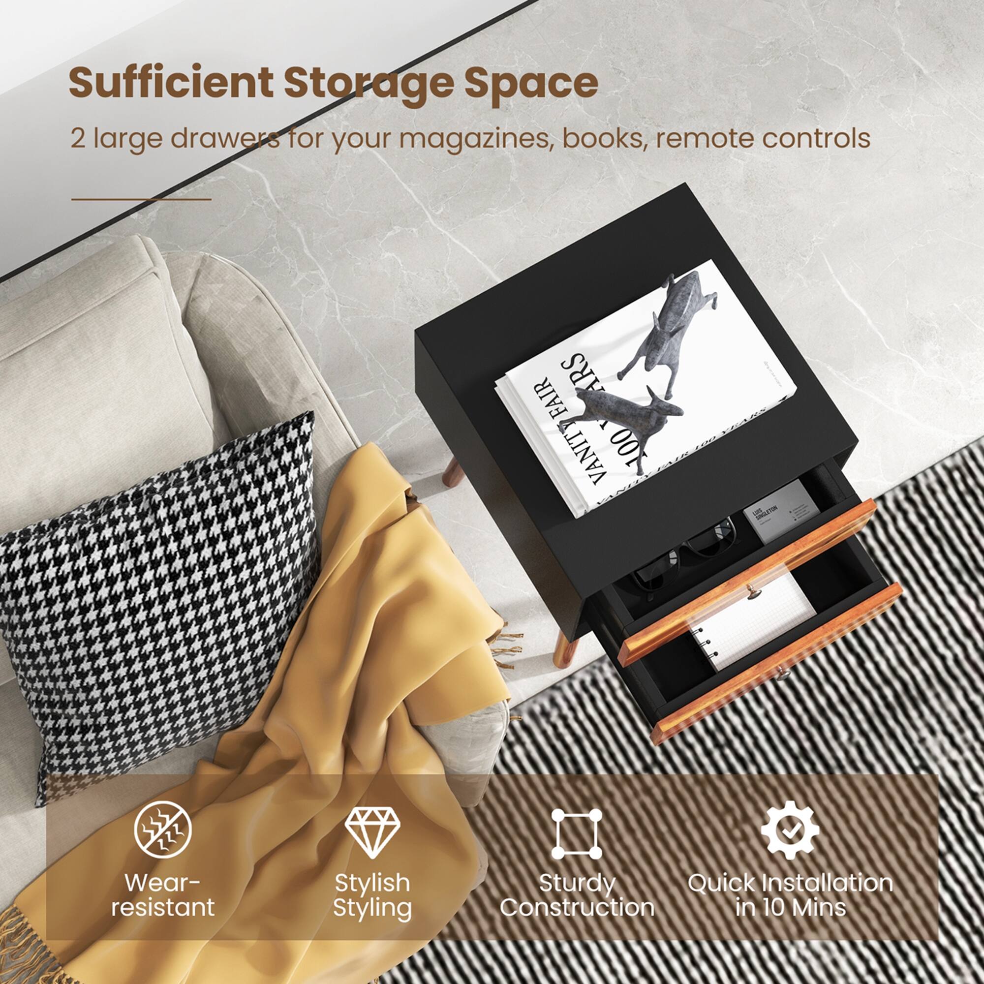 Sufficient Storage Space: 2 large drawers for your magazines, books, and remote controls.