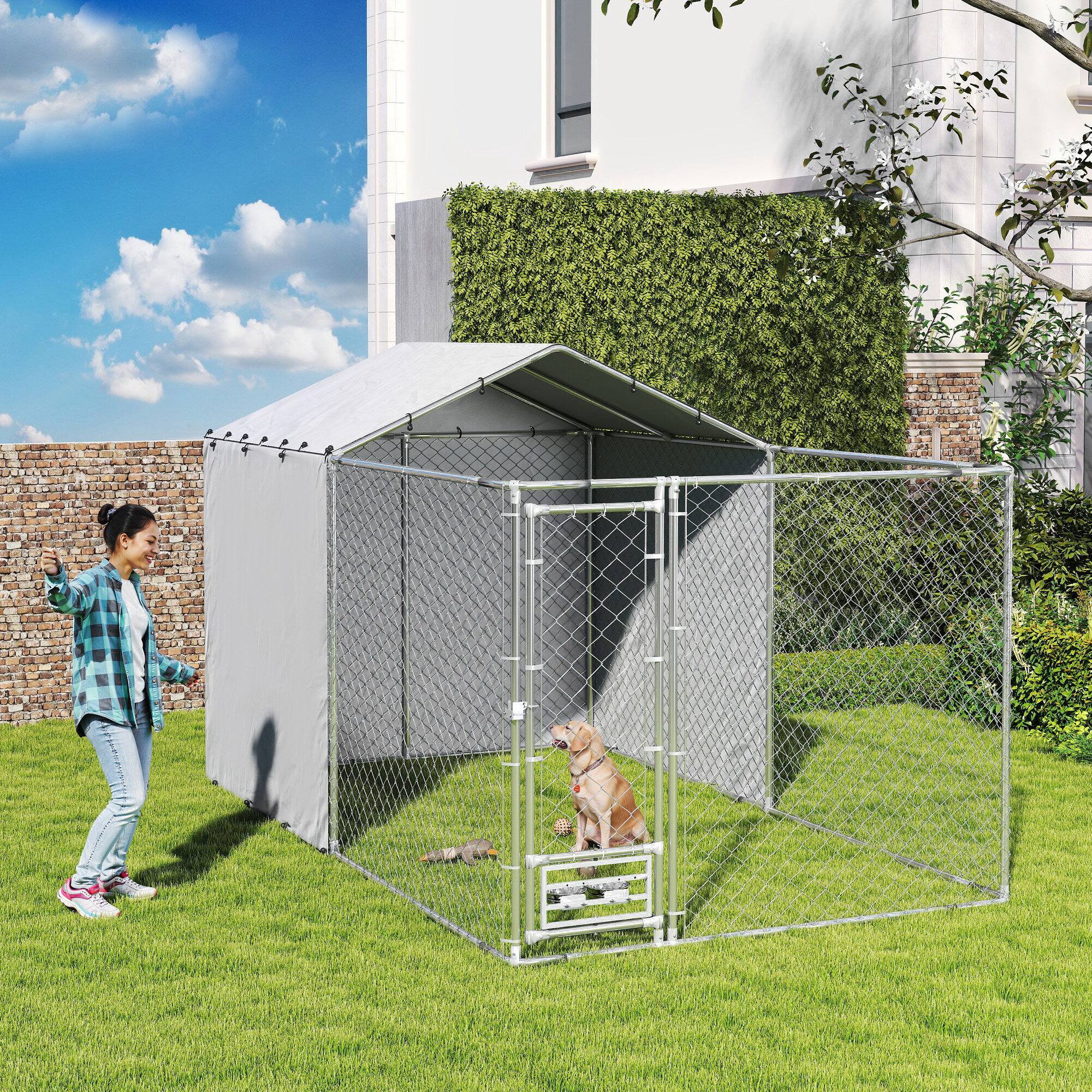 Angle. Pawhut - Heavy Duty Outdoor Dog Kennel, Chain Link Run, Rotating Bowls Door, Waterproof Cover, Medium, Large , 13.1'x7.5'x7.5'.