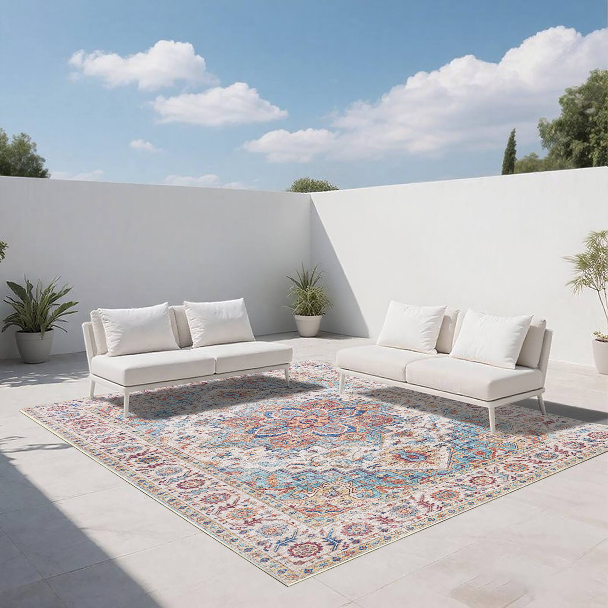 Angle. Ihomeadore - 7FT x 5FT Vintage Bohemia Cotton Area Rug with Non-Slip TPR Backing for Indoor Living Room and Entryway - Red.