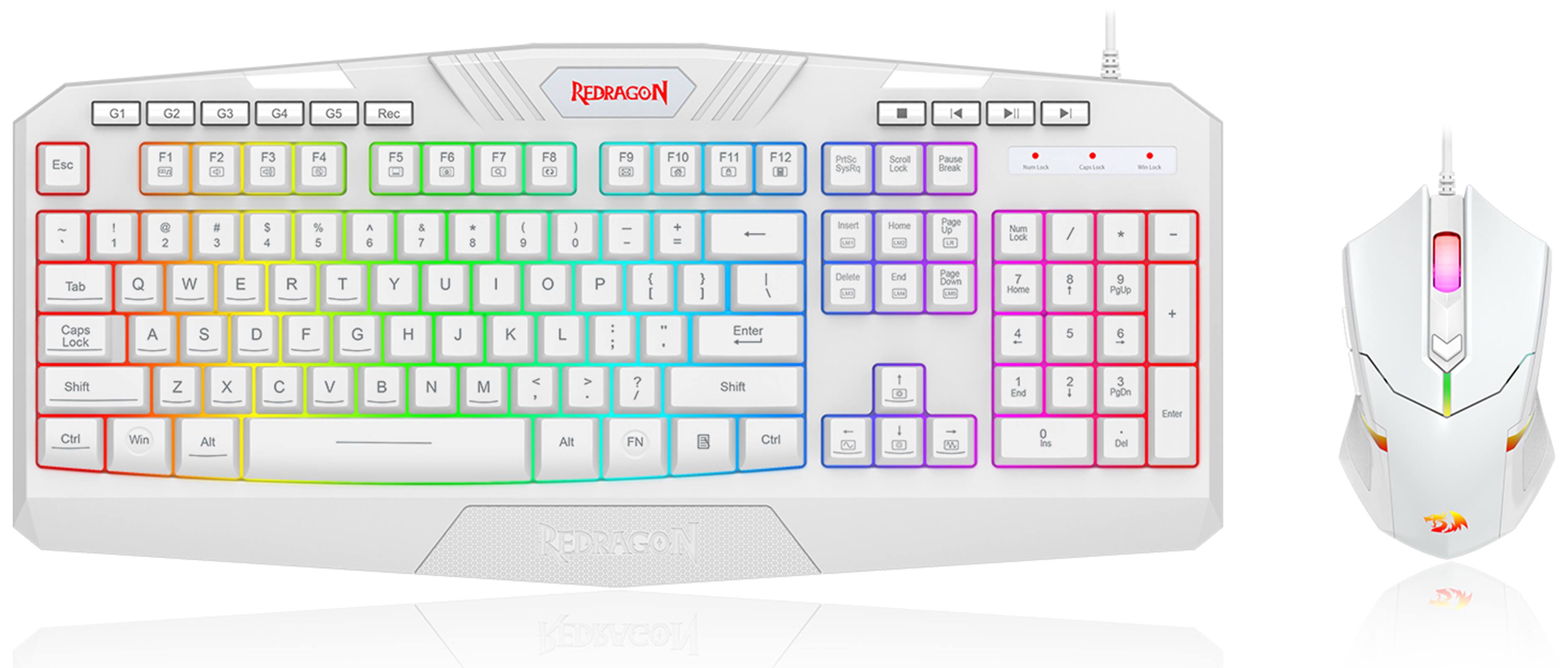 The text on the image is already grouped and correctly spelled. The keyboard is a colorful REDRAGON keyboard with a rainbow design.