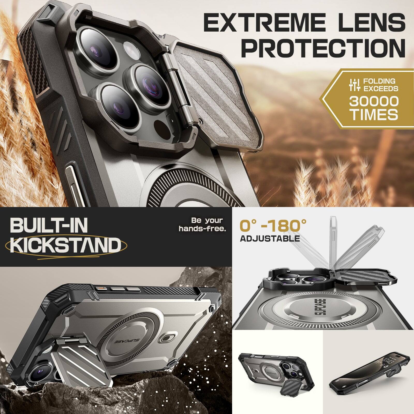 EXTREME LENS PROTECTION +1 FOLDING TT+ EXCEEDS 30000 TIMES BUILT-IN KICKSTAND. Be your hands-free. 0°-180° ADJUSTABLE. SUPCASE SUPCARE.