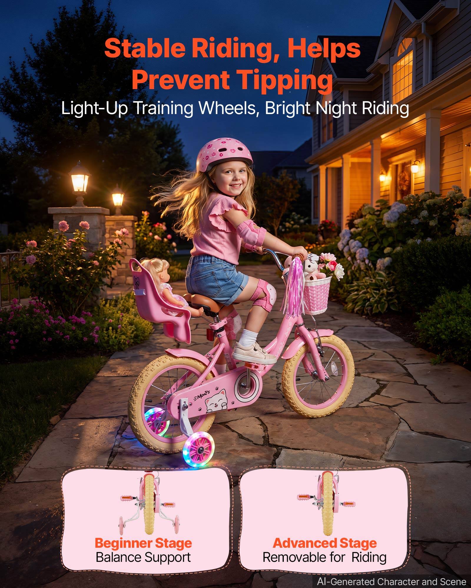 Stable Riding, Helps Prevent Tipping  
Light-Up Training Wheels, Bright Night Riding  

SMONES  

Beginner Stage Balance Support  
Advanced Stage Removable for Riding  

AI-Generated Character and Scene