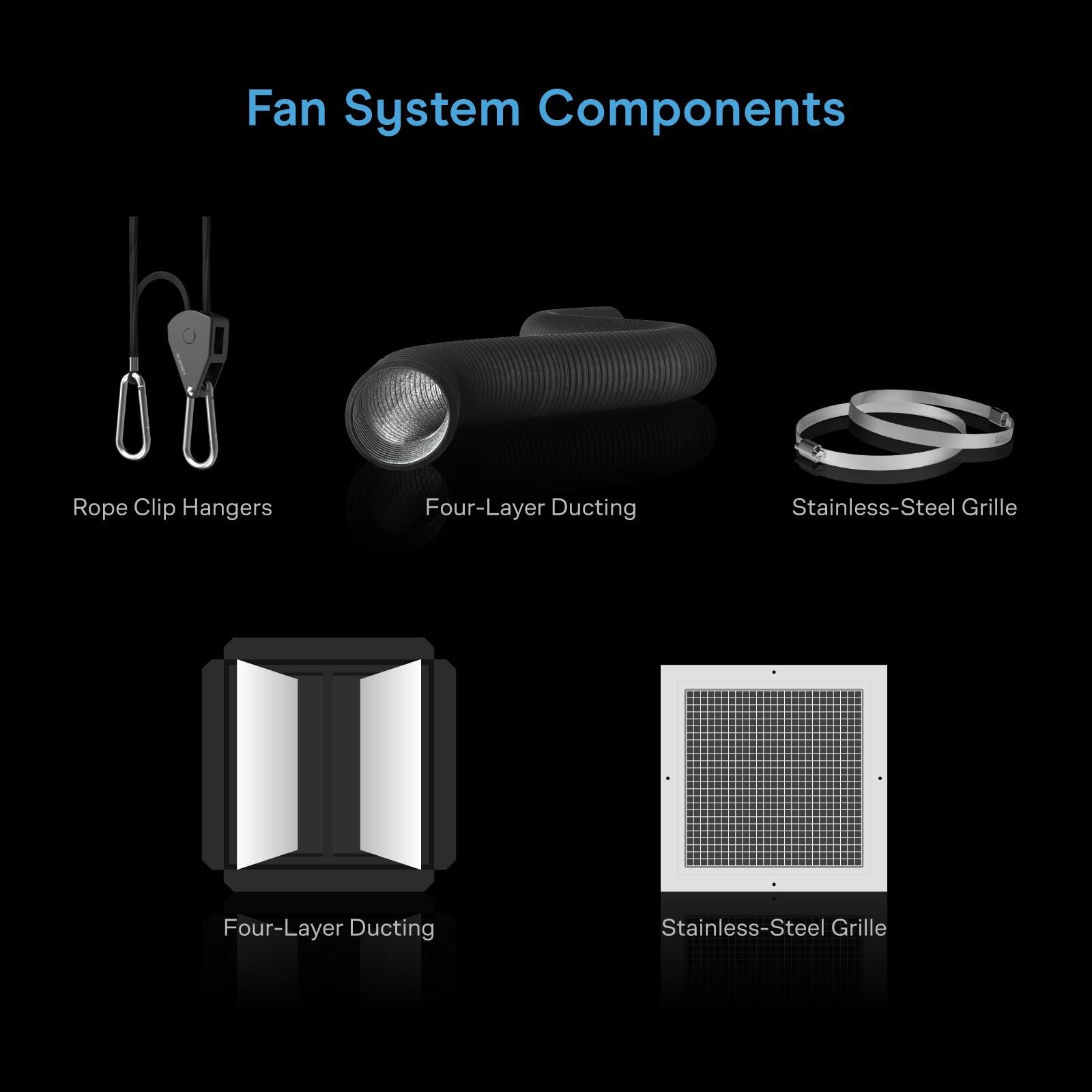 Fan System Components

- Rope Clip Hangers
- Four-Layer Ducting
- Stainless-Steel Grille