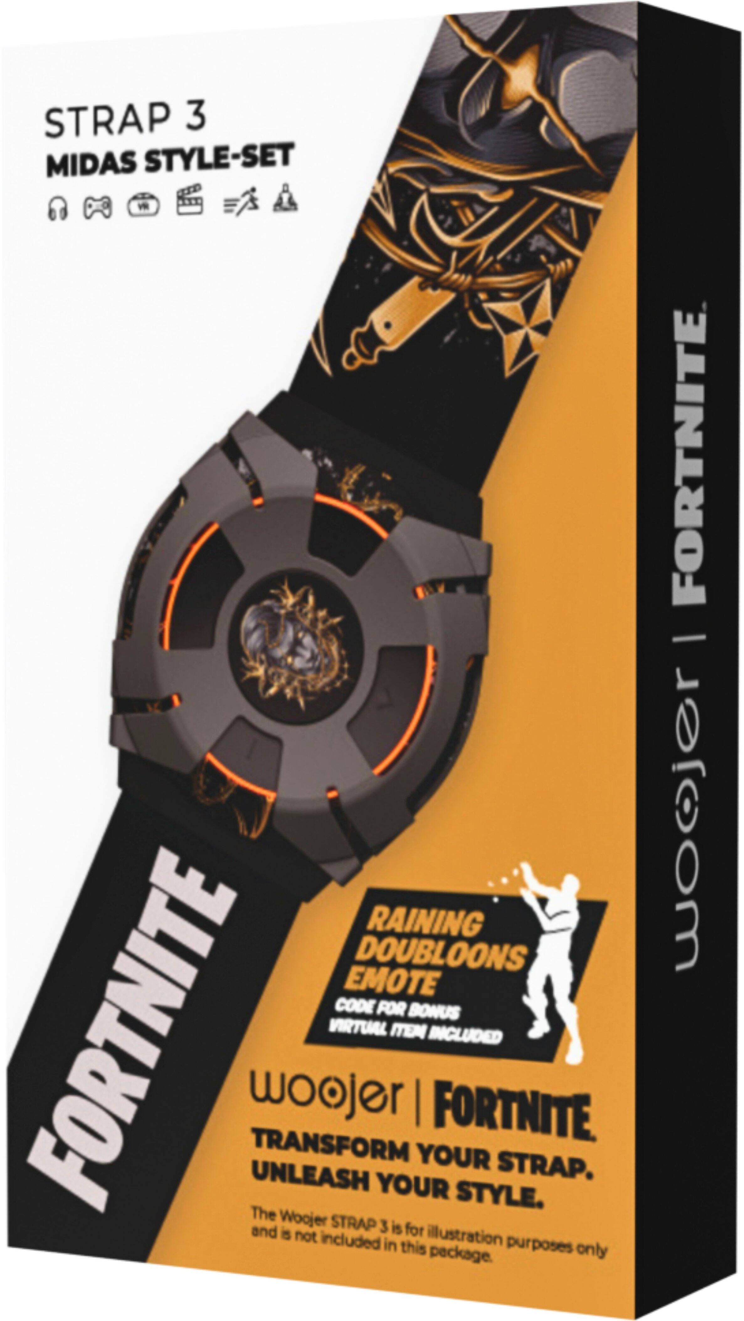 The text on the image is grouped and corrected as follows:

"STRAP 3 MIDAS STYLE-SET RAINING DOUBLOONS EMOTE CODE FOR BONUS FORTNITE VIRTUAL ITEM INCLUDED woojer | FORTNITE TRANSFORM YOUR GAMING EXPERIENCE. UNLEASH YOUR STYLE. The Woojer and STRAP 3 are not included in this package. The illustration is for purposes only."