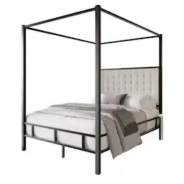 Hivvago - King size Black Metal Canopy Bed with Upholstered Button-Tufted Headboard - Black, White