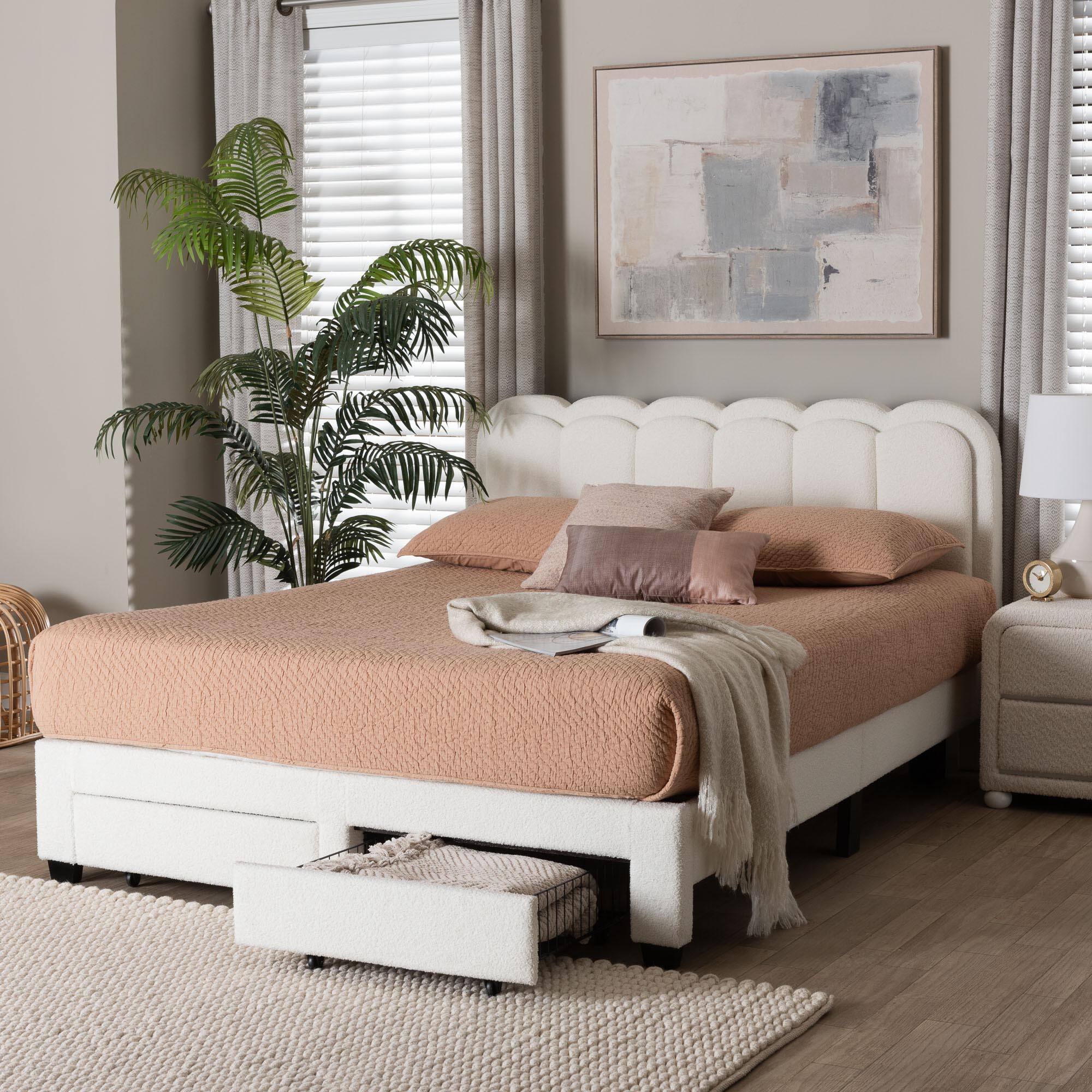 Alt View 5. Baxton Studio - Baxton Studio Caradonna Cream Teddy-Bear Fabric Bed with Storage Drawers - Fully Upholstered Platform Bed, Queen - Cream.