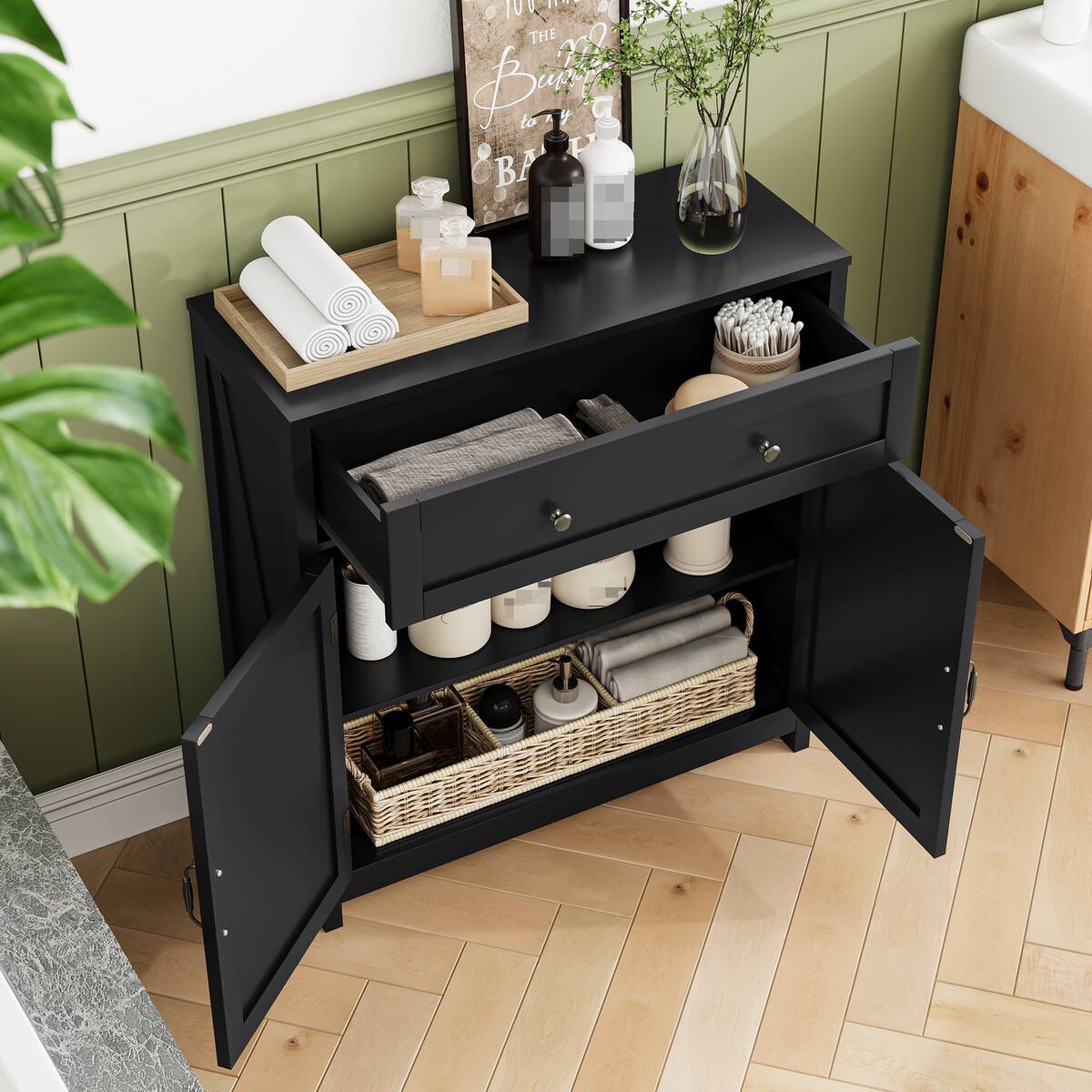 Alt View 1. Spaco - Spaco Barn Door Farmhouse Sideboard, Multi-Drawer Adjustable Shelf Storage, Magnetic Closure Kitchen Cabinet,for Kitchen - Black.
