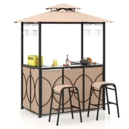 Costway - 3 PCS Patio Bar Set with Tempered Glass Bar Table Metal Storage Shelves for Garden - Brown