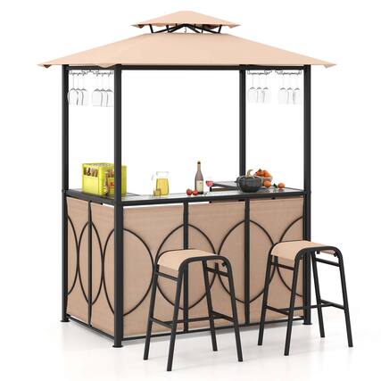 Front. Costway - 3 PCS Patio Bar Set with Tempered Glass Bar Table Metal Storage Shelves for Garden - Brown.