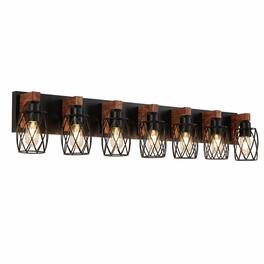 RYHNUYNE - Industrial 7‑Light Wall Sconce, Black Wall Light with Wood Accents, Bathroom Vanity Wall Lighting Fixture for Hallway - Walnut