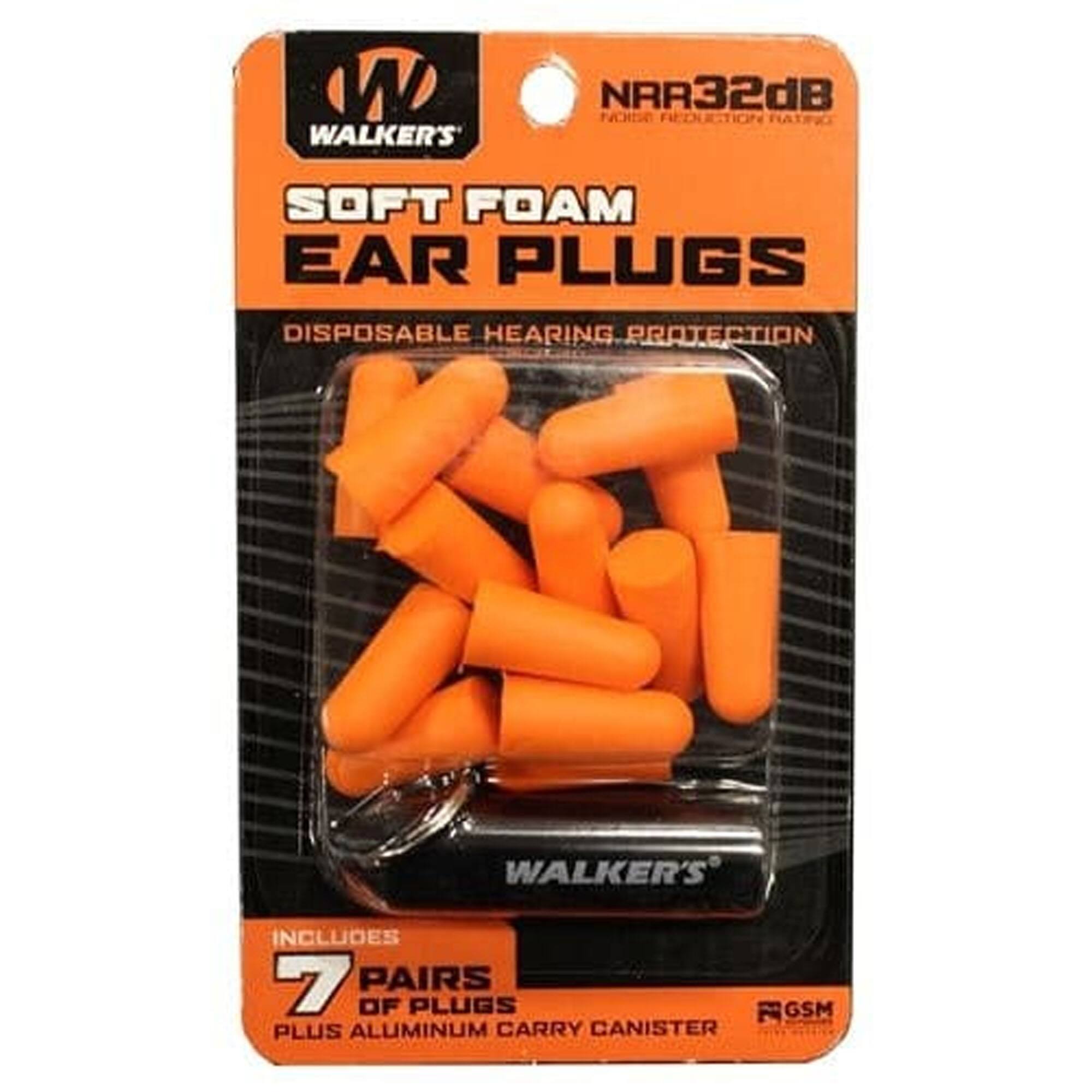 WALKER'S NRR32dB NOISE REDUCTION SOFT FOAM EAR PLUGS DISPOSABLE HEARING PROTECTION WALKER'S INCLUDES 7 PAIRS OF PLUGS PLUS ALUMINUM CARRY CANISTER