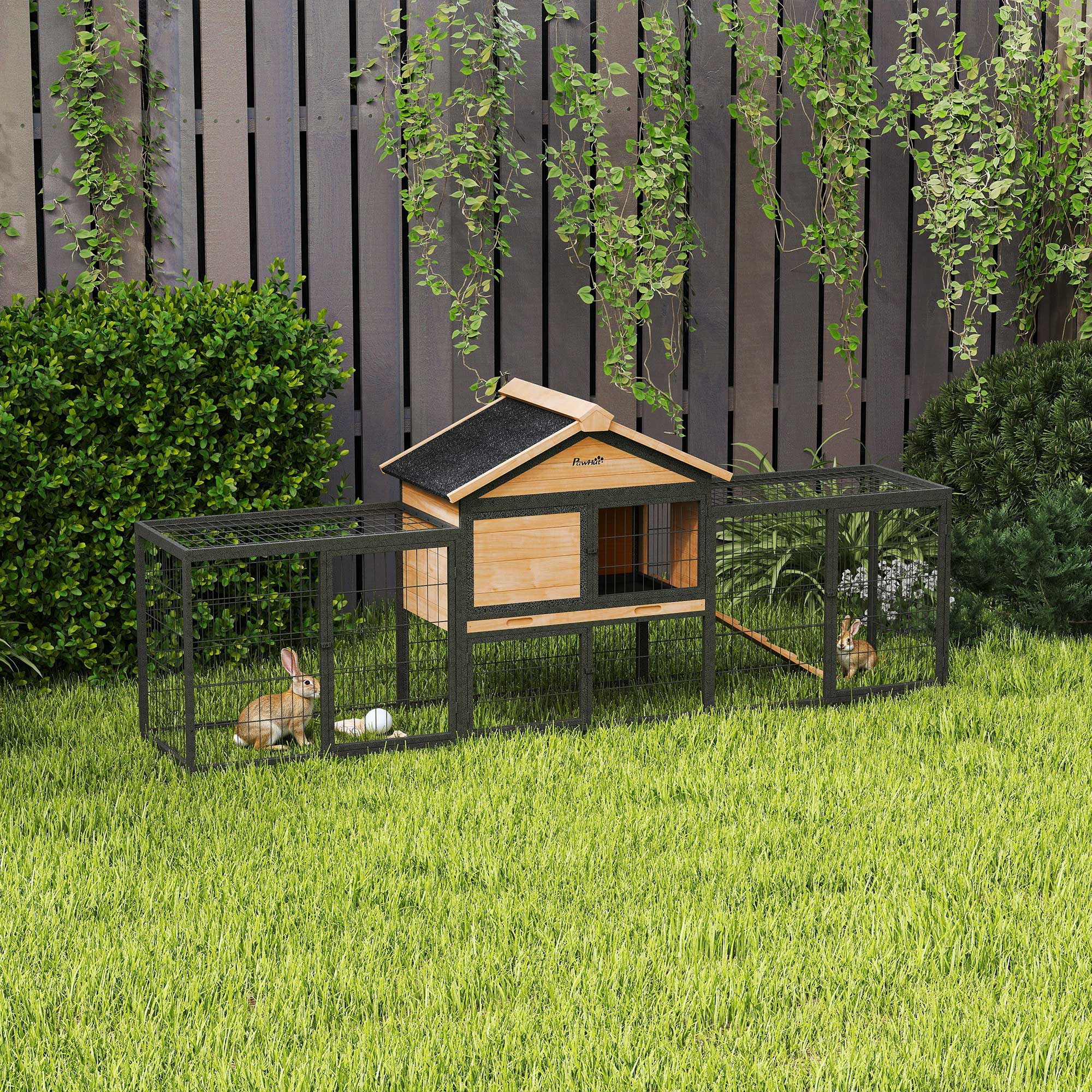 Alt View 1. Pawhut - Rabbit Hutch Outdoor, 85" Large Bunny Cage with Steel Run, Removable Plastic Tray.