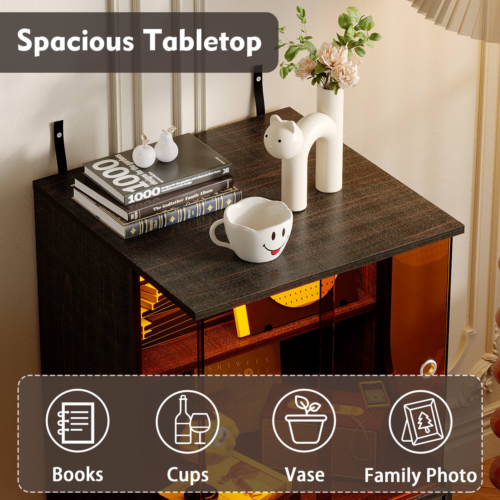 Spacious Tabletop

- Books
- Cups
- Vase
- Family Photo