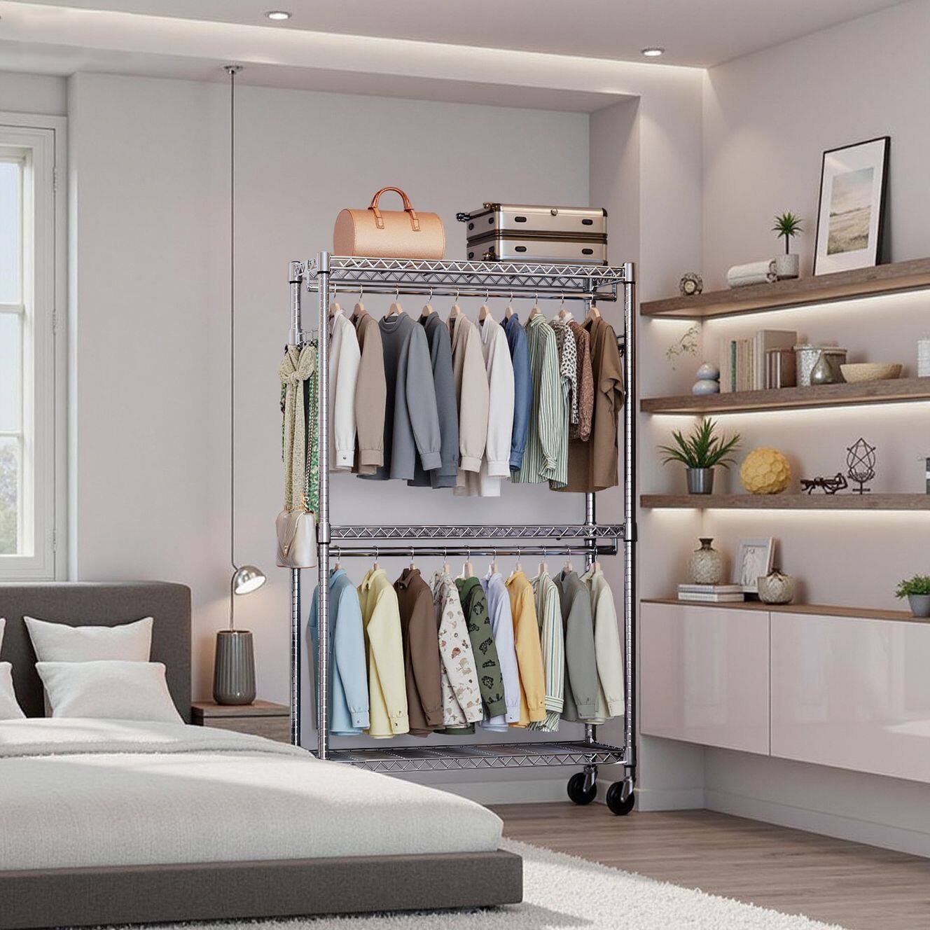 Alt View 2. Mirfee - 3-Tier Rolling Garment Rack with Double Rods & Side Hooks, 79.6" H Heavy Duty Clothes Rack, Black Freestanding Wardrobe - Chrome.