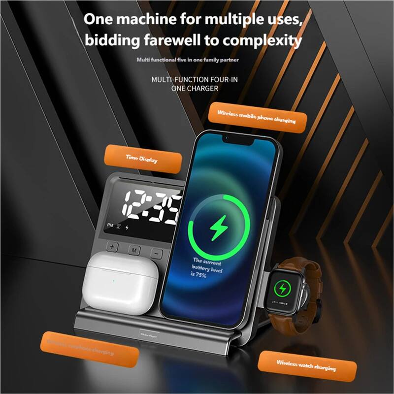 One machine for multiple uses, bidding farewell to complexity

Multi functional five in one family partner

MULTI-FUNCTION FOUR-IN ONE CHARGER

Wireless mobile phone charging

Time Display PM + M

The current battery level is 75%

Wireless earphone charging

Wireless watch charging