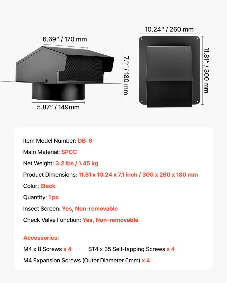 Cover Modl VEVOR 6 inch Hooded Wall Vent Cover, Square AC Vent Gable Cover ...