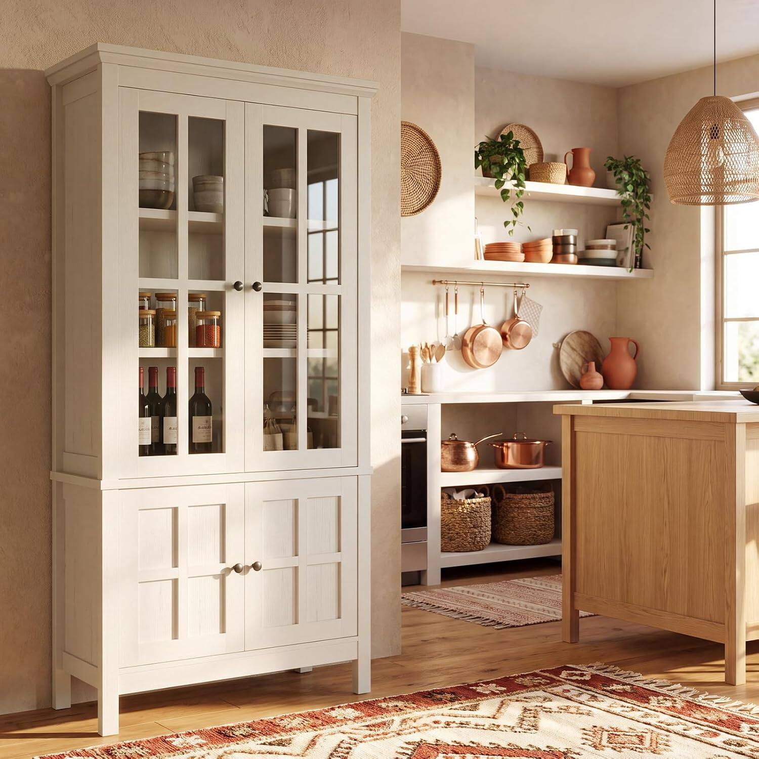 Alt View 1. Aheaplus - 63'' Tall Farmhouse 4-Door Pantry Cabinet with Adjustable Shelve and Glass Doors - Rustic White.