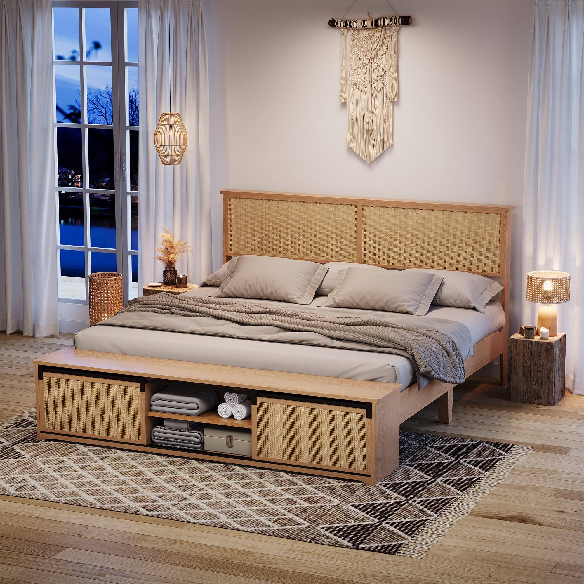 Alt View 4. Acekool - King Rattan Bed Frame with Sliding Barn Door Storage & LED Light Headboard, Boho Farmhouse Style - Oak.
