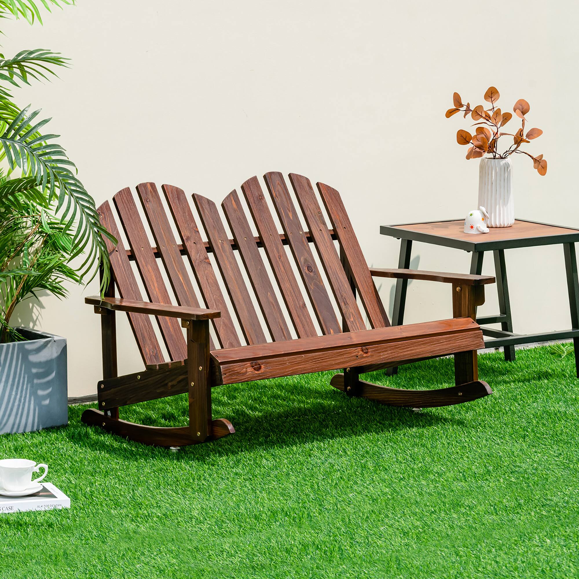 Alt View 3. Costway - Costway 2 Person Kid Adirondack Rocking Chair Outdoor Backrest Armrest Solid Wood - Coffee.