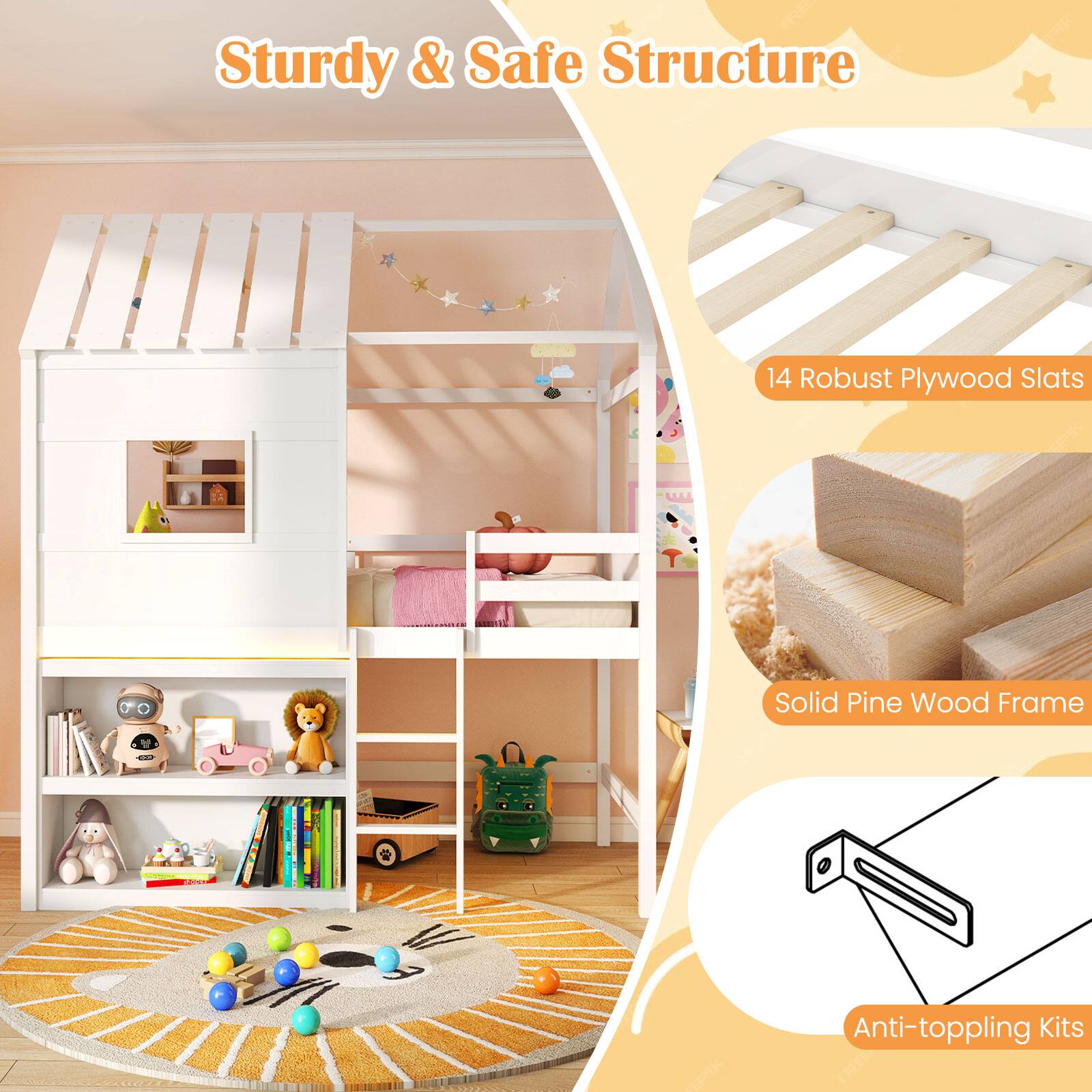 Sturdy & Safe Structure

14 Robust Plywood Slats

Solid Pine Wood Frame

Anti-toppling Kits