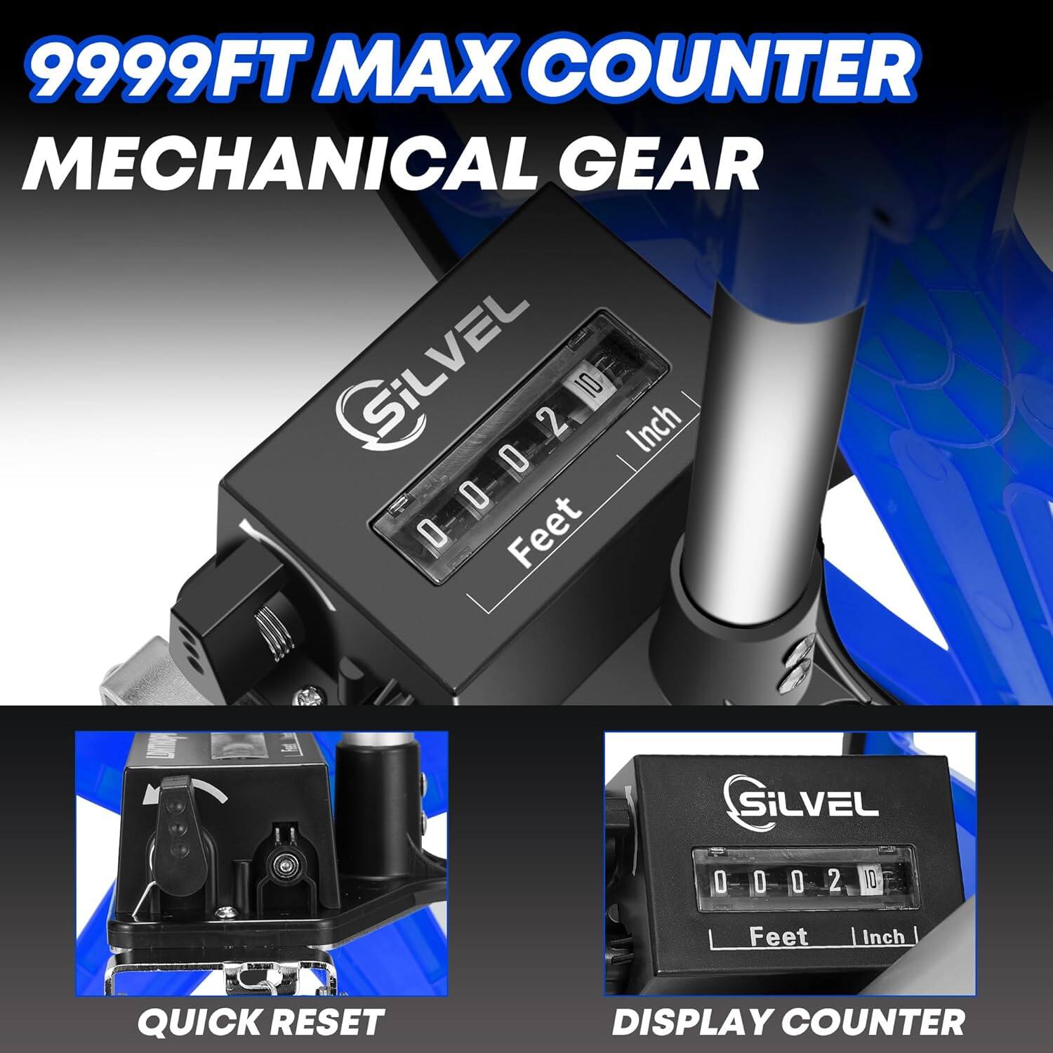 9999FT MAX COUNTER MECHANICAL GEAR Silvel 0002 0 0 O 2 10 Feet I Inch I QUICK RESET DISPLAY COUNTER