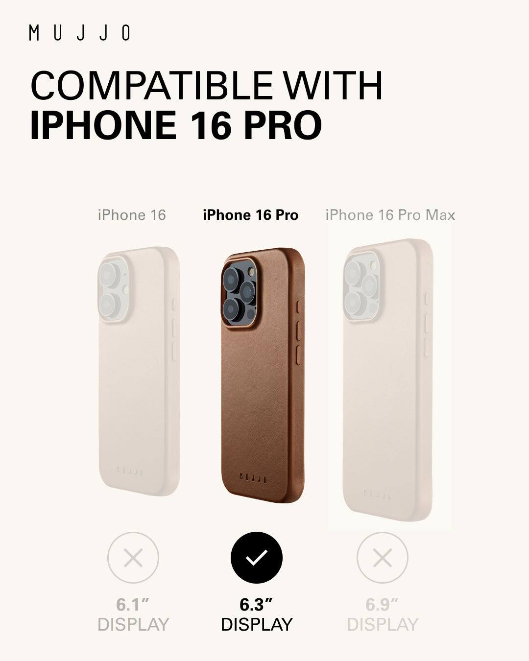 Mujjo is compatible with iPhone 16 Pro, iPhone 16, and iPhone 16 Pro Max. The image shows a display of the iPhone 16 Pro Max with a 6.1" display, a 6.3" display, and a 6.9" display.