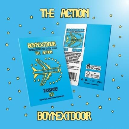 Sure, here is the corrected and grouped text from the image:
---
**THE ACTION**
**BOY NEXT DOOR**
**BOY NEXT DOOR**
**BOY NEXT DOOR**
**THE ACTION**
**PASSPORT**
**THE ACTION**
**PRINTED WITH SOY INK**
**9123**
**BOY NEXT DOOR**
---
This text is arranged to reflect the layout and content of the image.