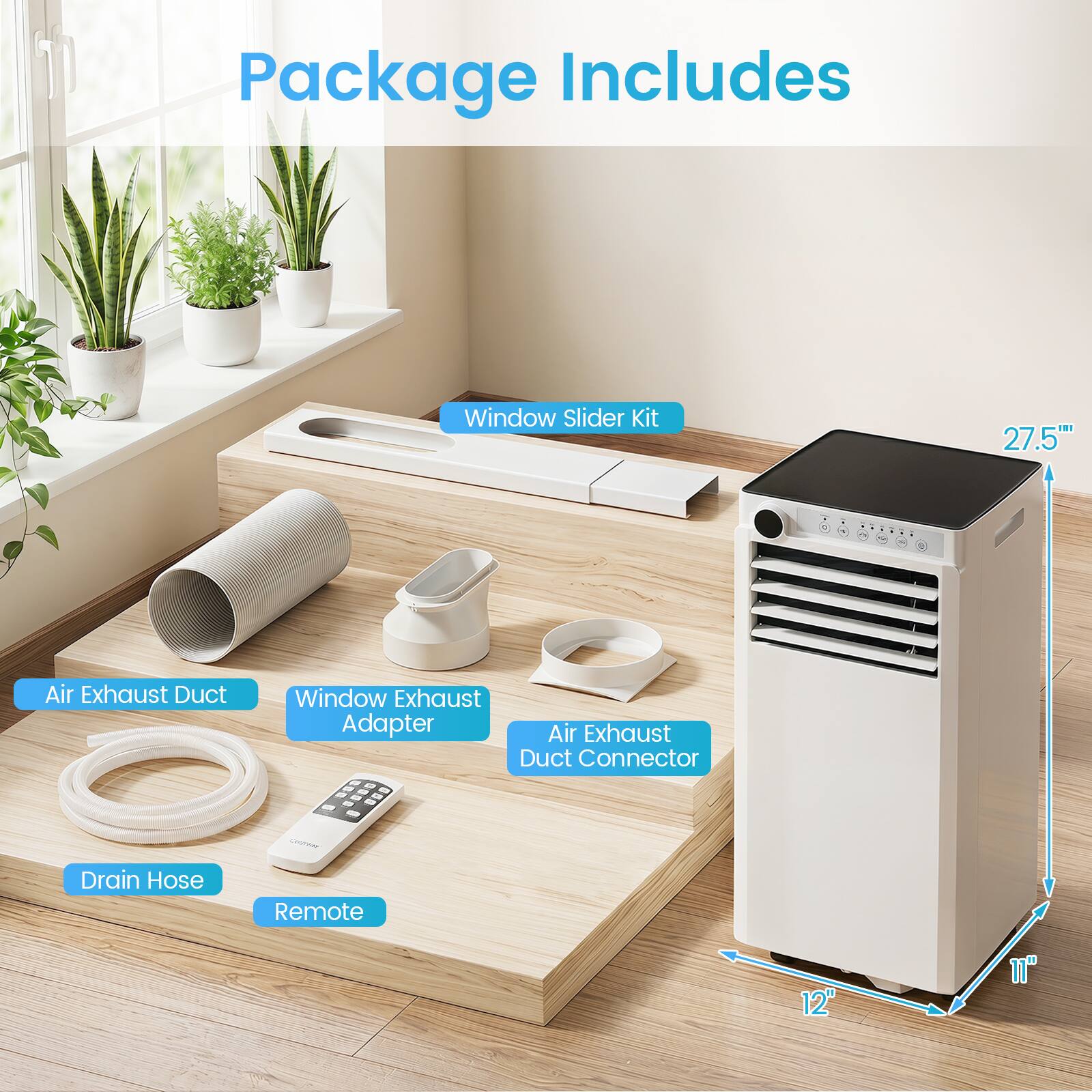 Package Includes

- Window Slider Kit
- Air Exhaust Duct
- Window Exhaust Adapter
- Air Exhaust Duct Connector
- Drain Hose
- Remote

Dimensions:
- 27.5" (height)
- 12" (width)
- 11" (depth)