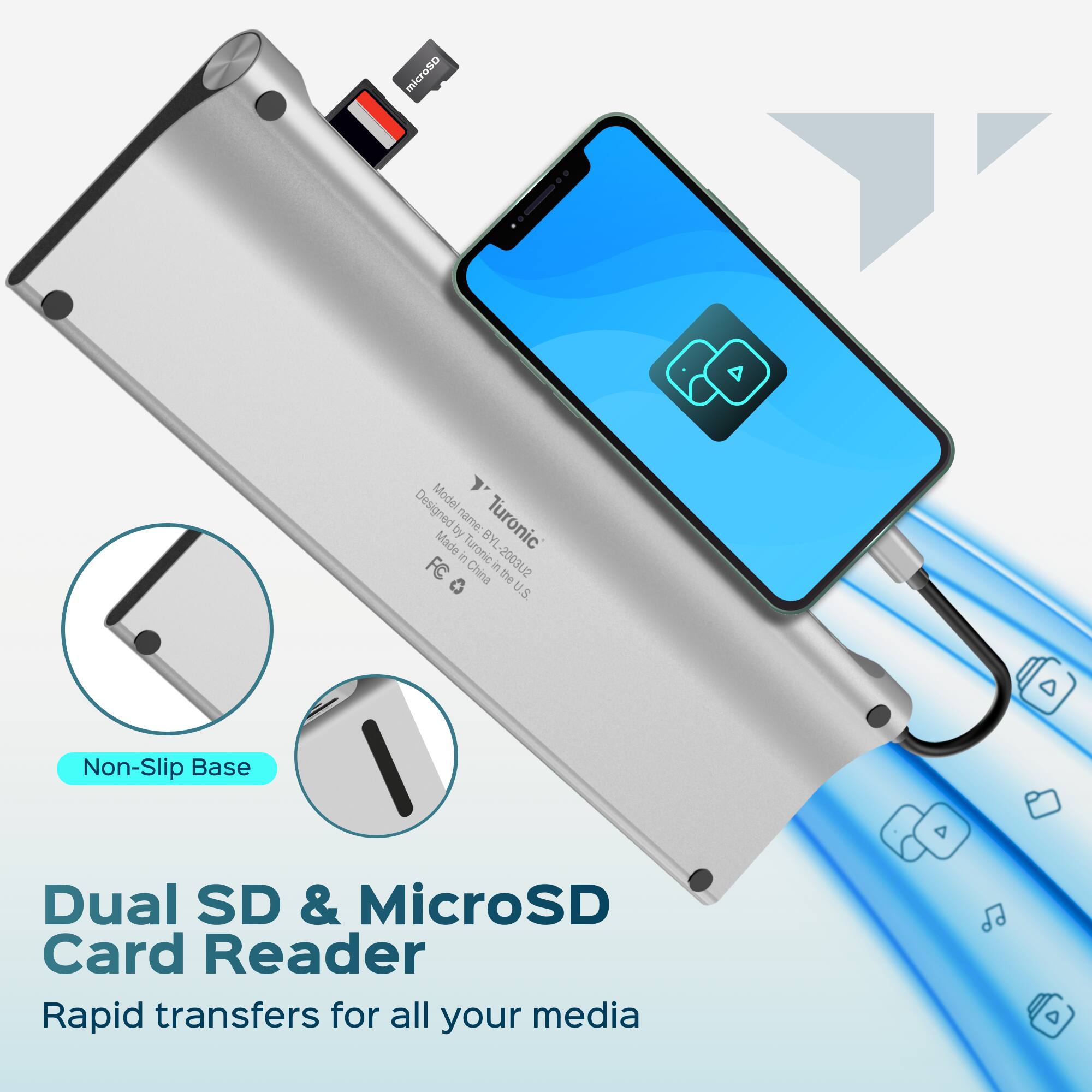 microSD A Designed Model by name Turonic Made Turonic BYL n -20032 China 7 the U.S A Non-Slip Base Dual SD & MicroSD Card Reader Rapid transfers for all your media