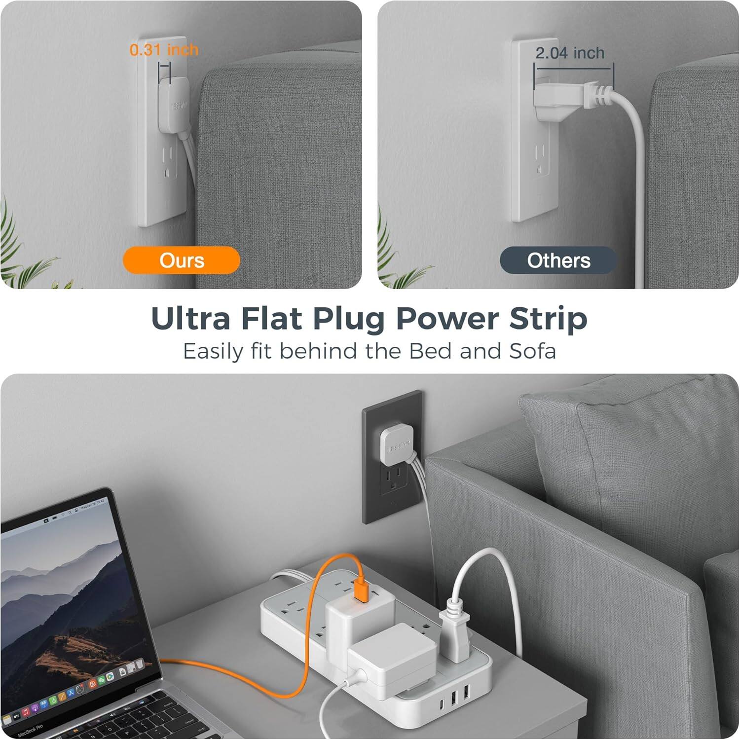 0.31 inch  
Ours  
2.04 inch  
Others  

Ultra Flat Plug Power Strip  
Easily fit behind the Bed and Sofa